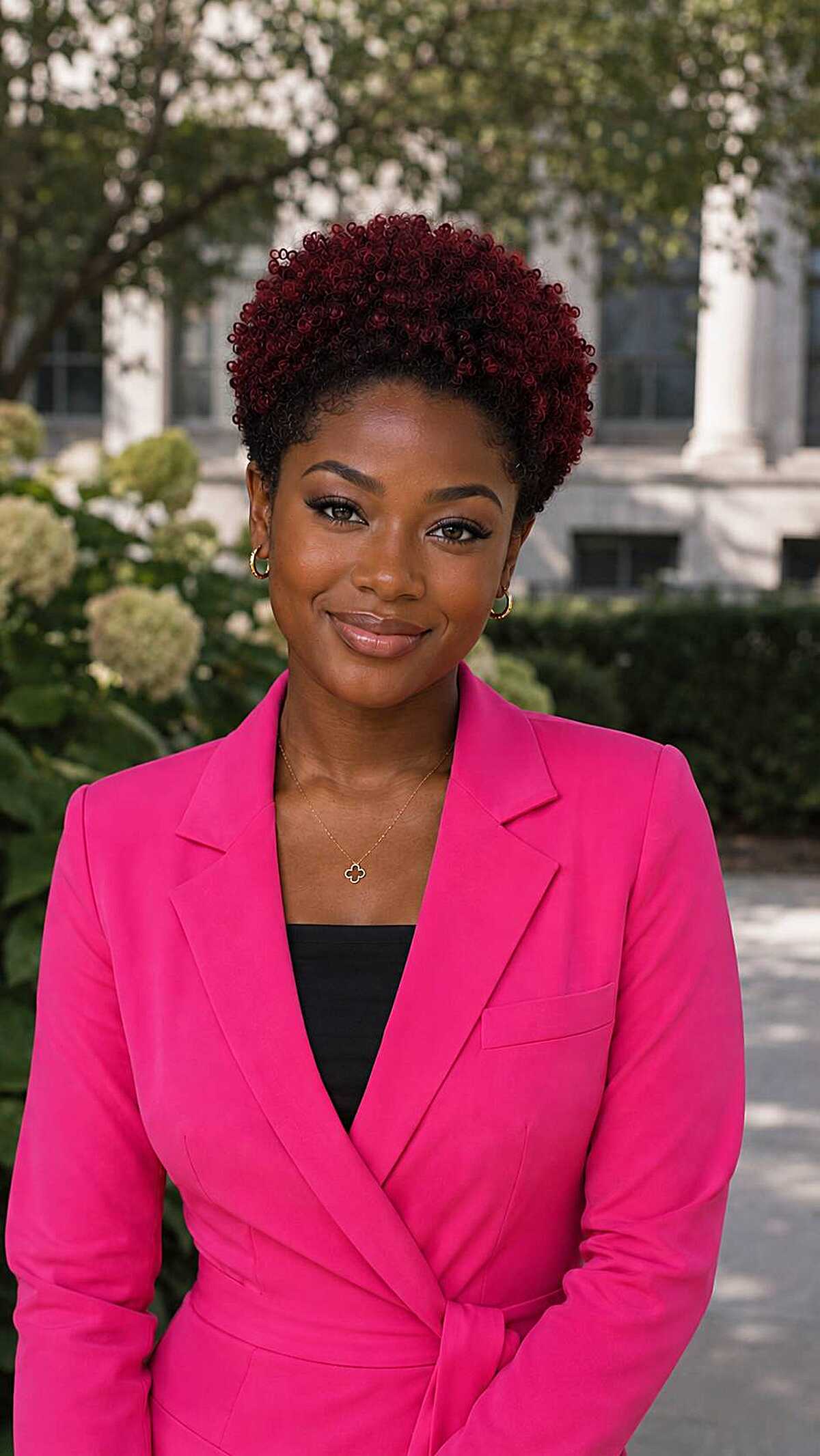 Short burgundy TWA with tightly defined coils