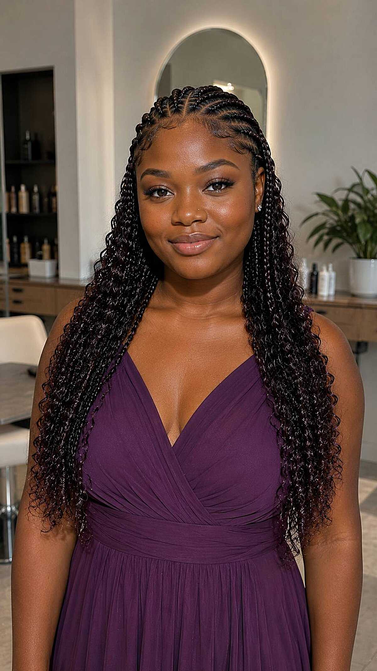 Cornrows at the front flowing into long bohemian curls