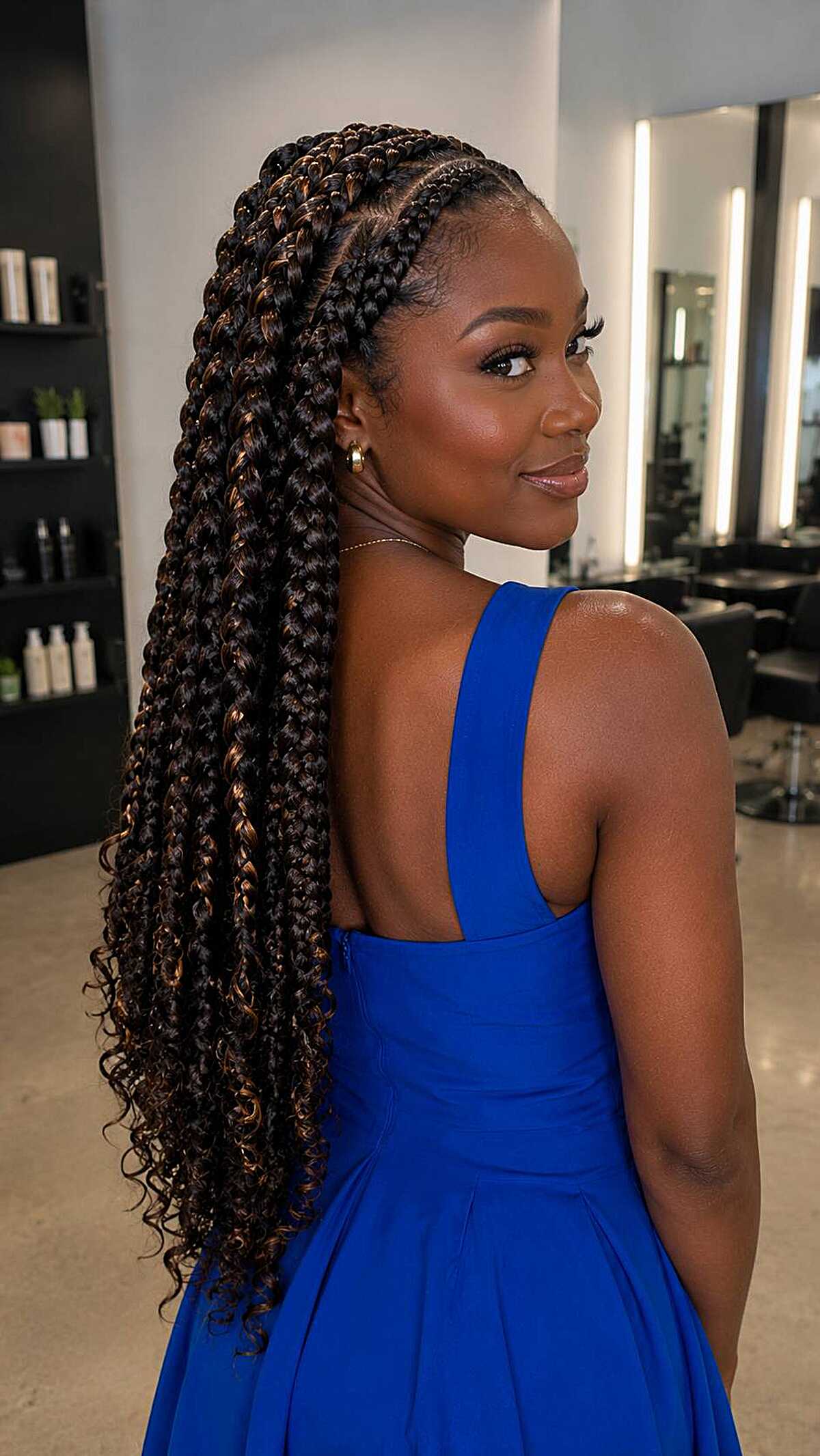 Feed-in braids swept back into long curly extensions