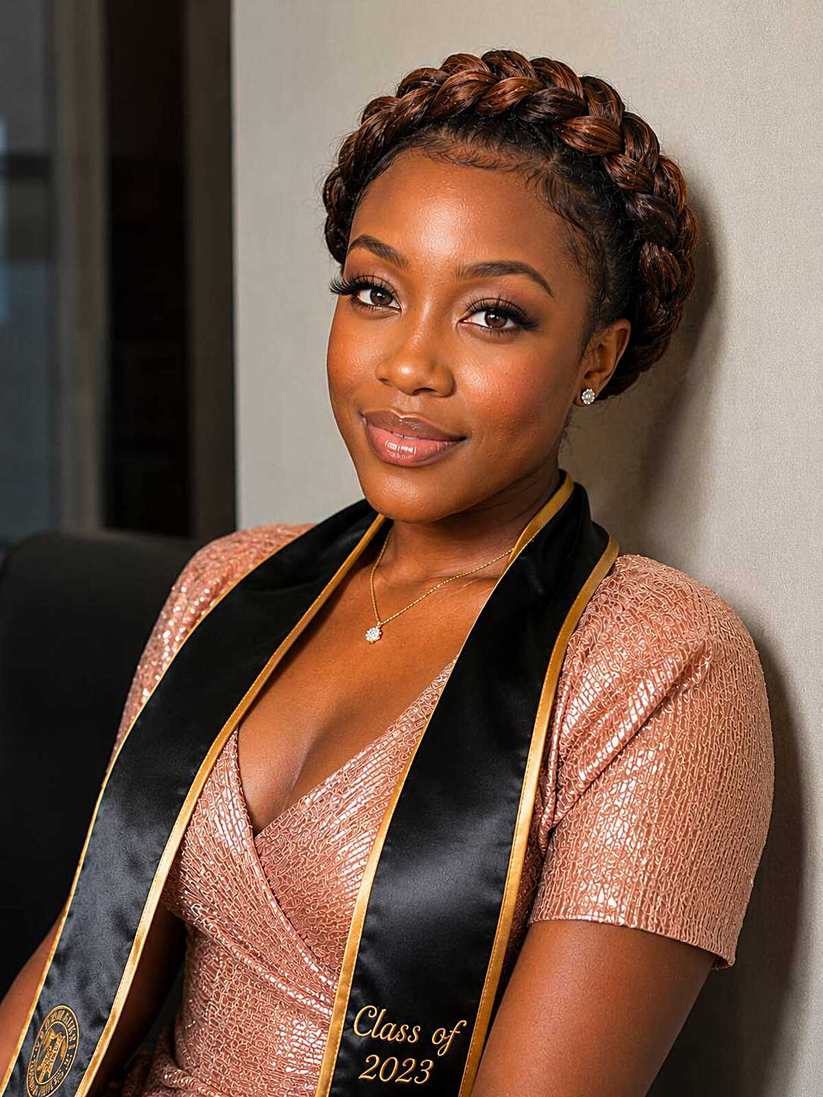 Halo braid crown with warm brown tones and laid edges