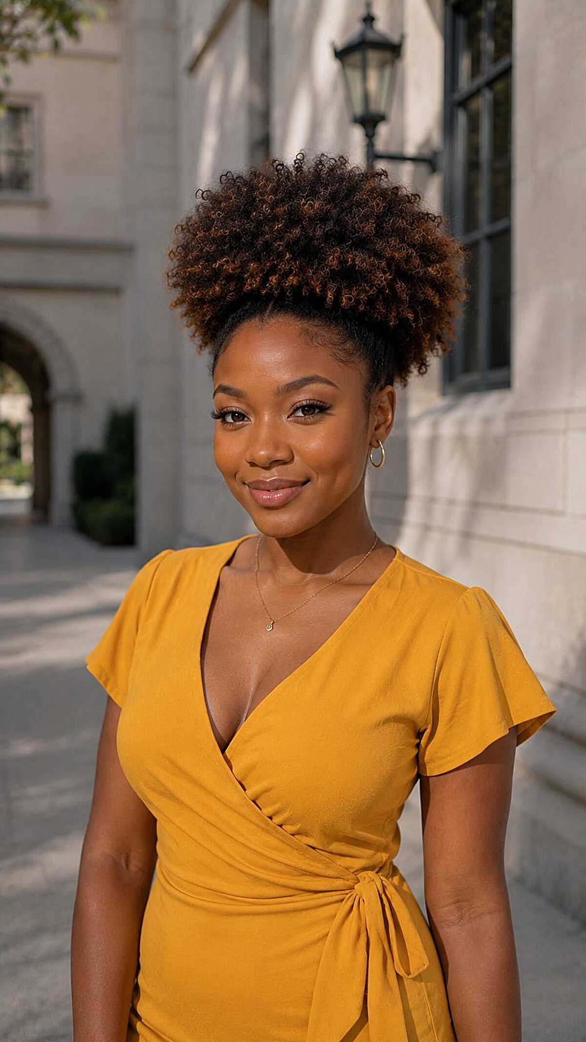 High natural afro puff with brown-tipped coils