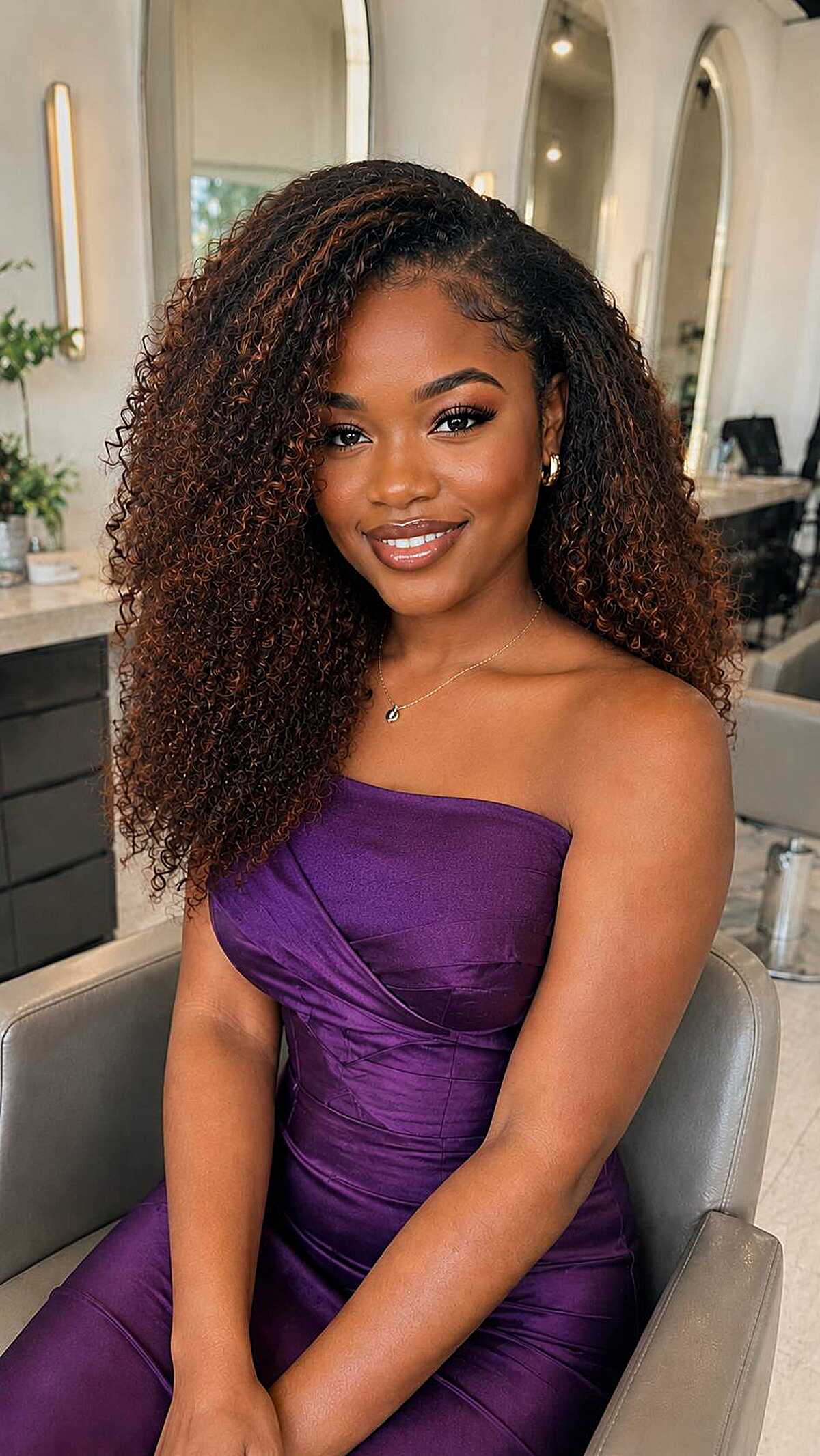 Long defined curly hair with warm brown highlights