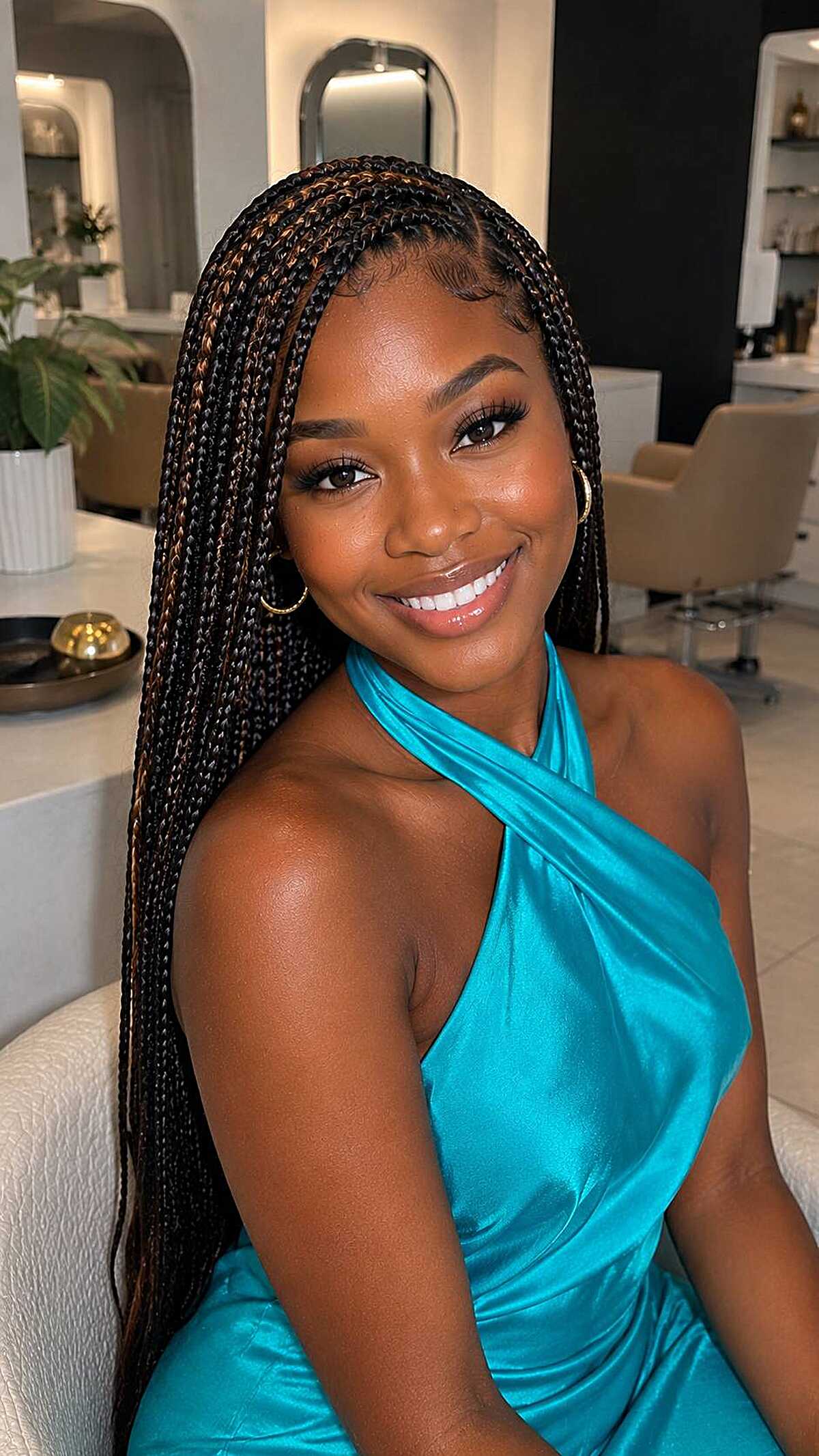 Long micro knotless braids with a clean center part