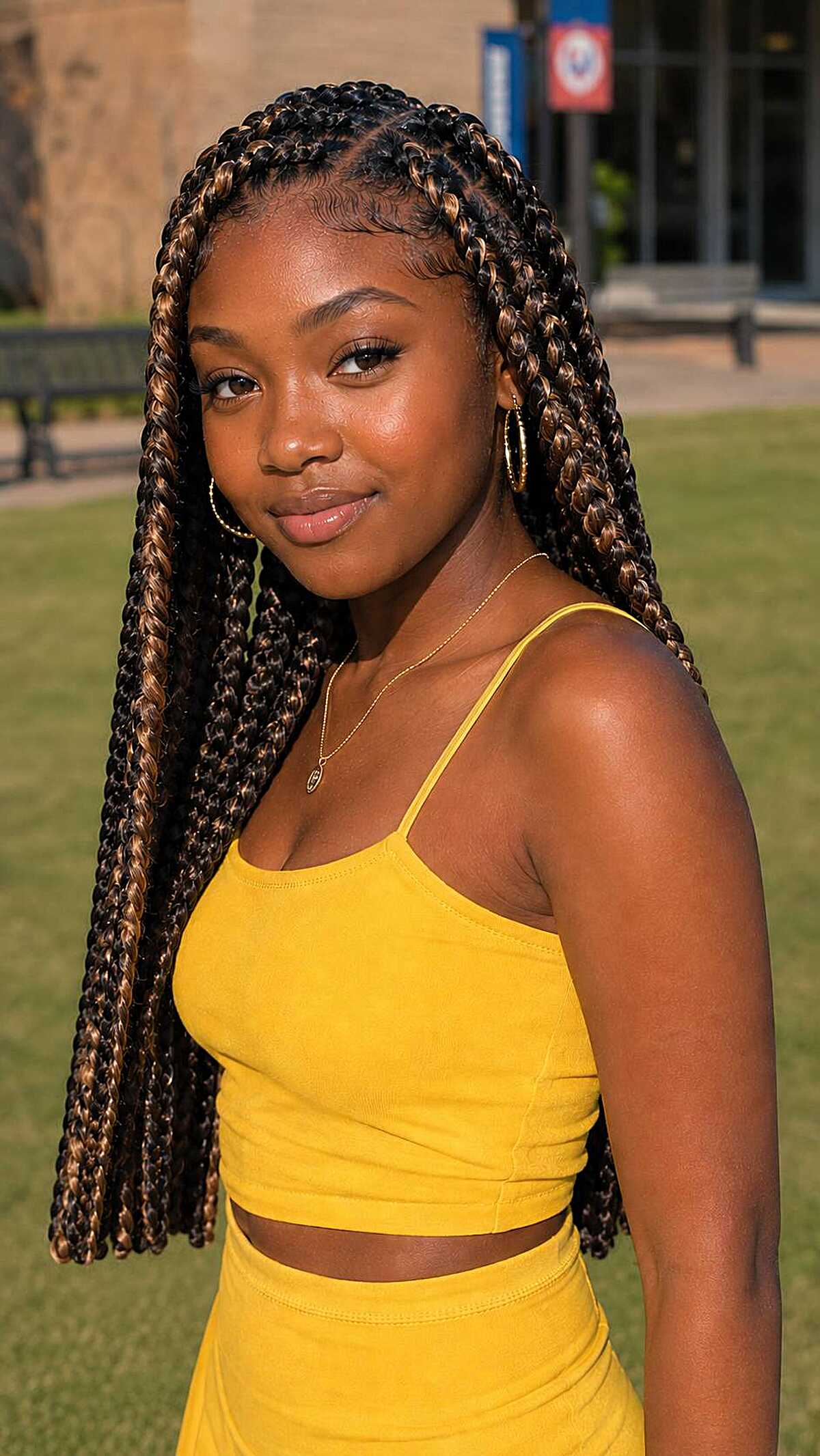 Chunky box braids in black and golden brown two-tone