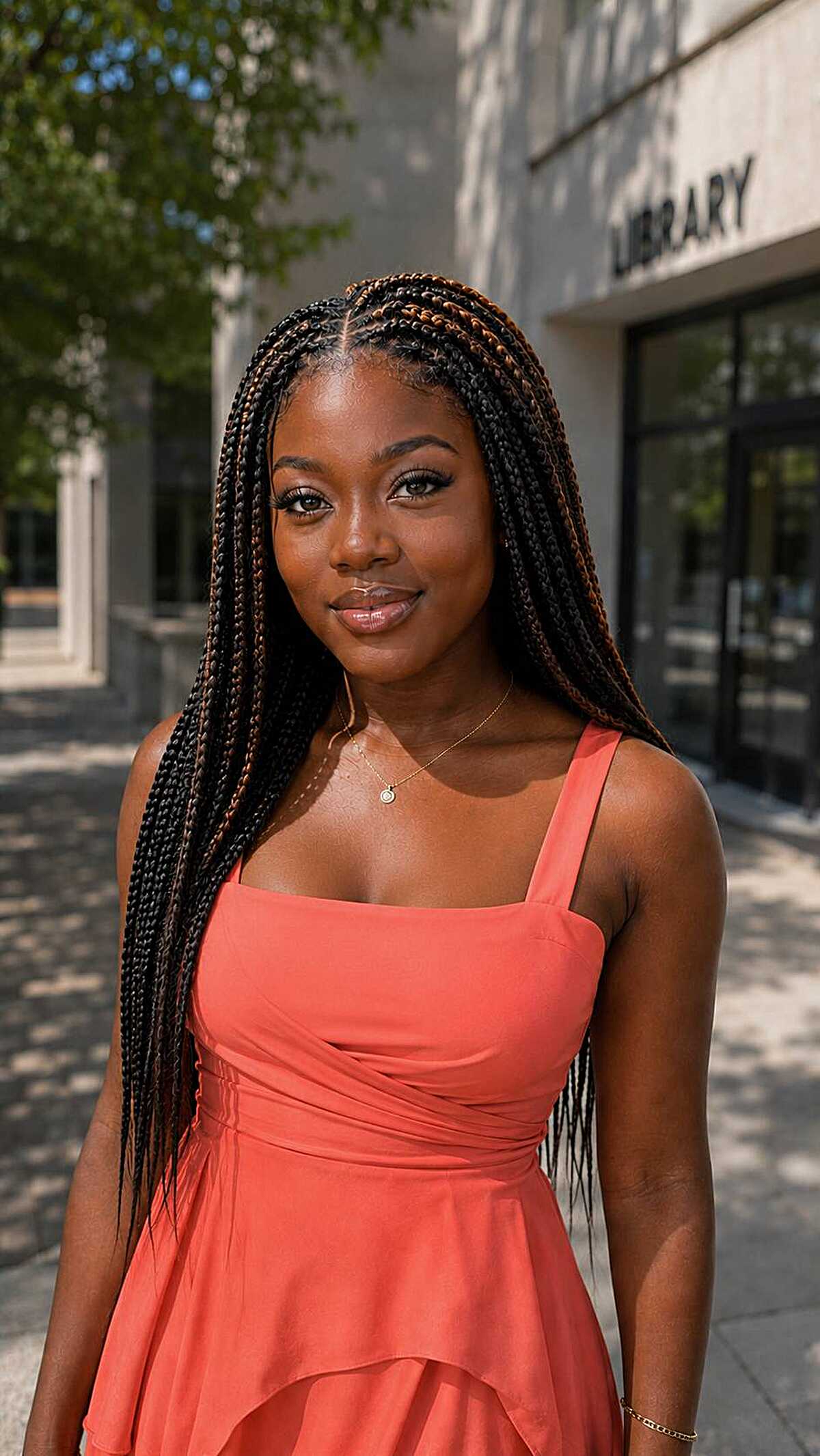 Long waist-length knotless box braids in black
