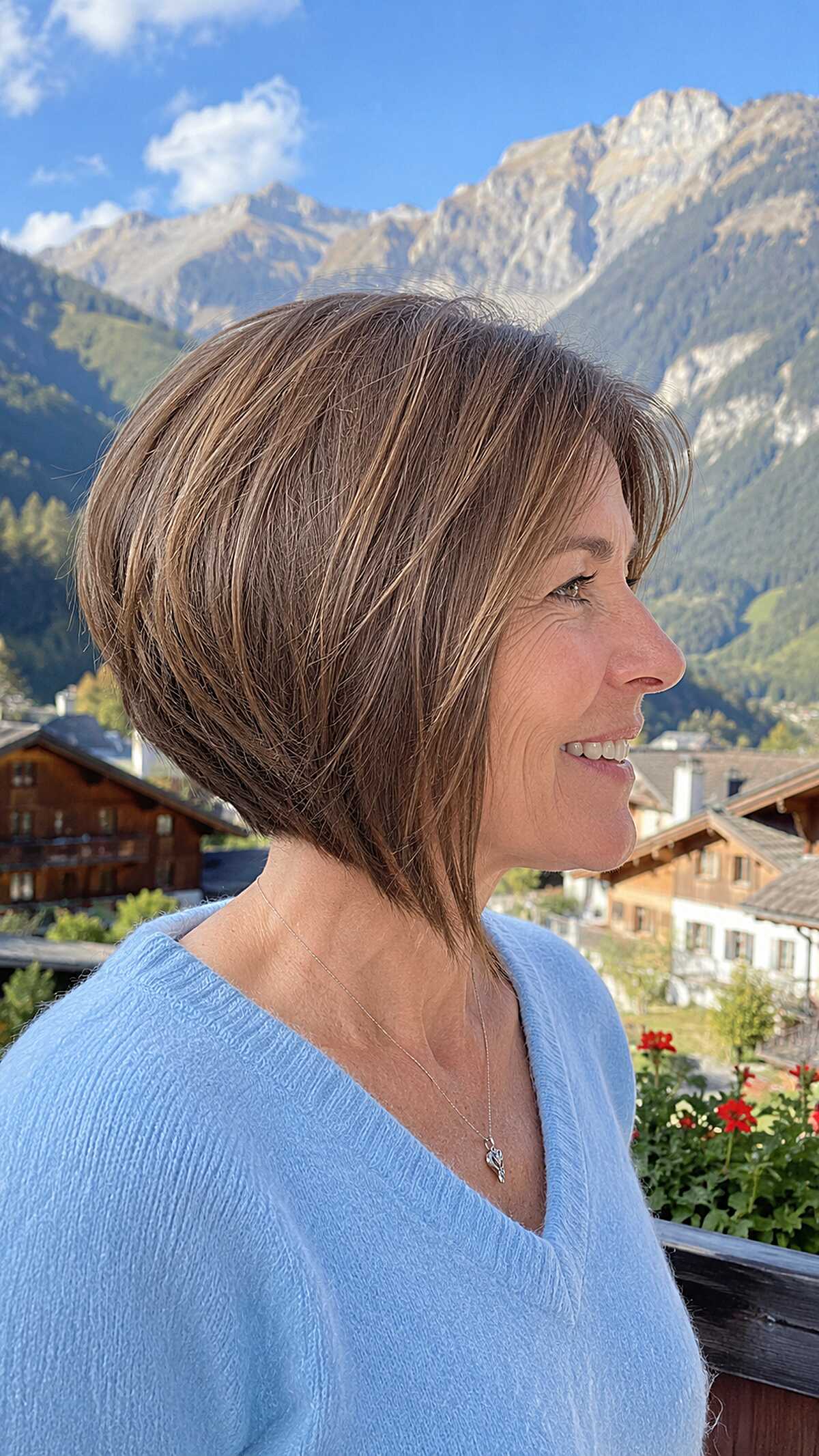Brunette A-line bob with honey balayage and side sweep