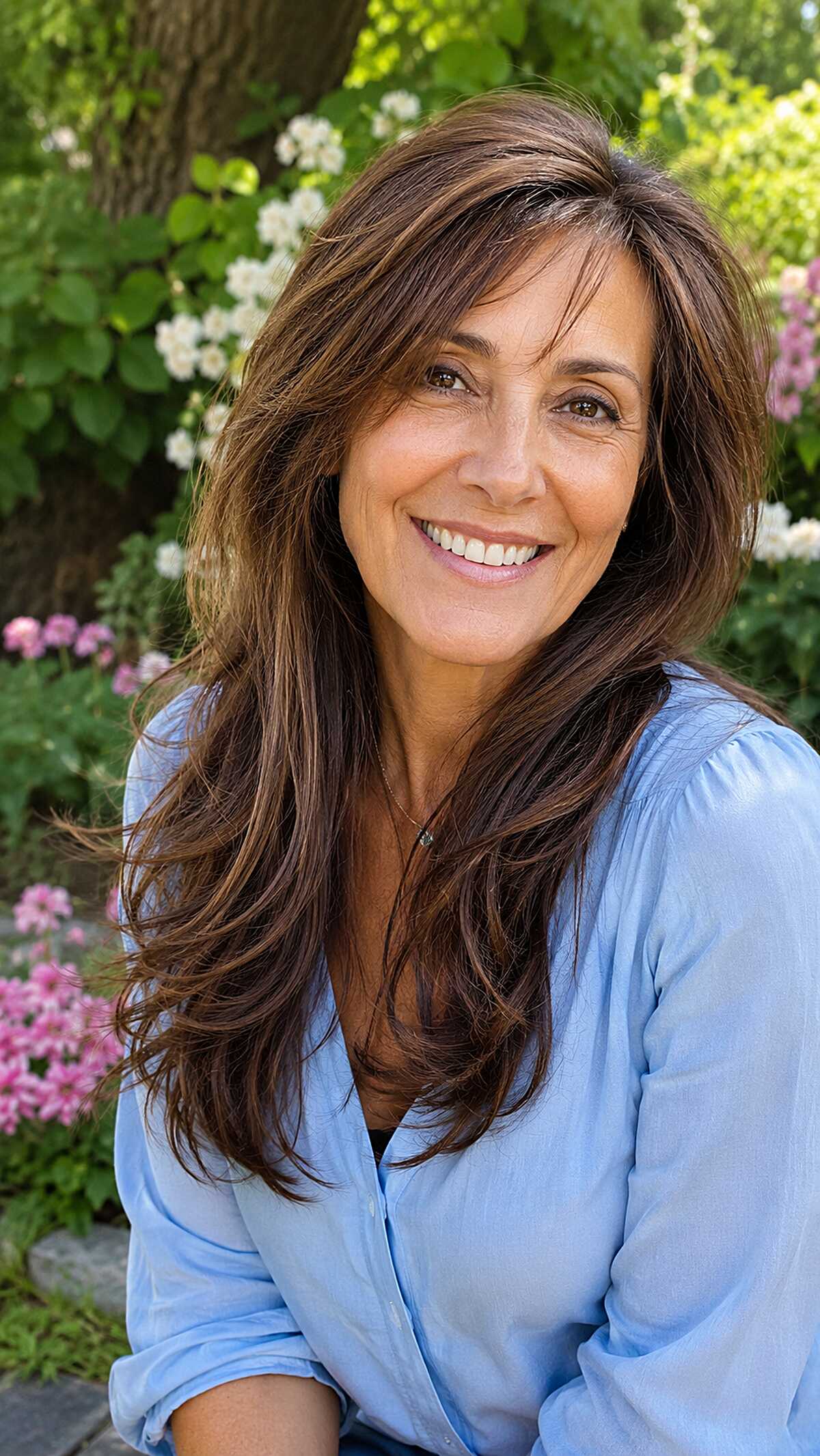 Long layered brunette hair with face-framing pieces