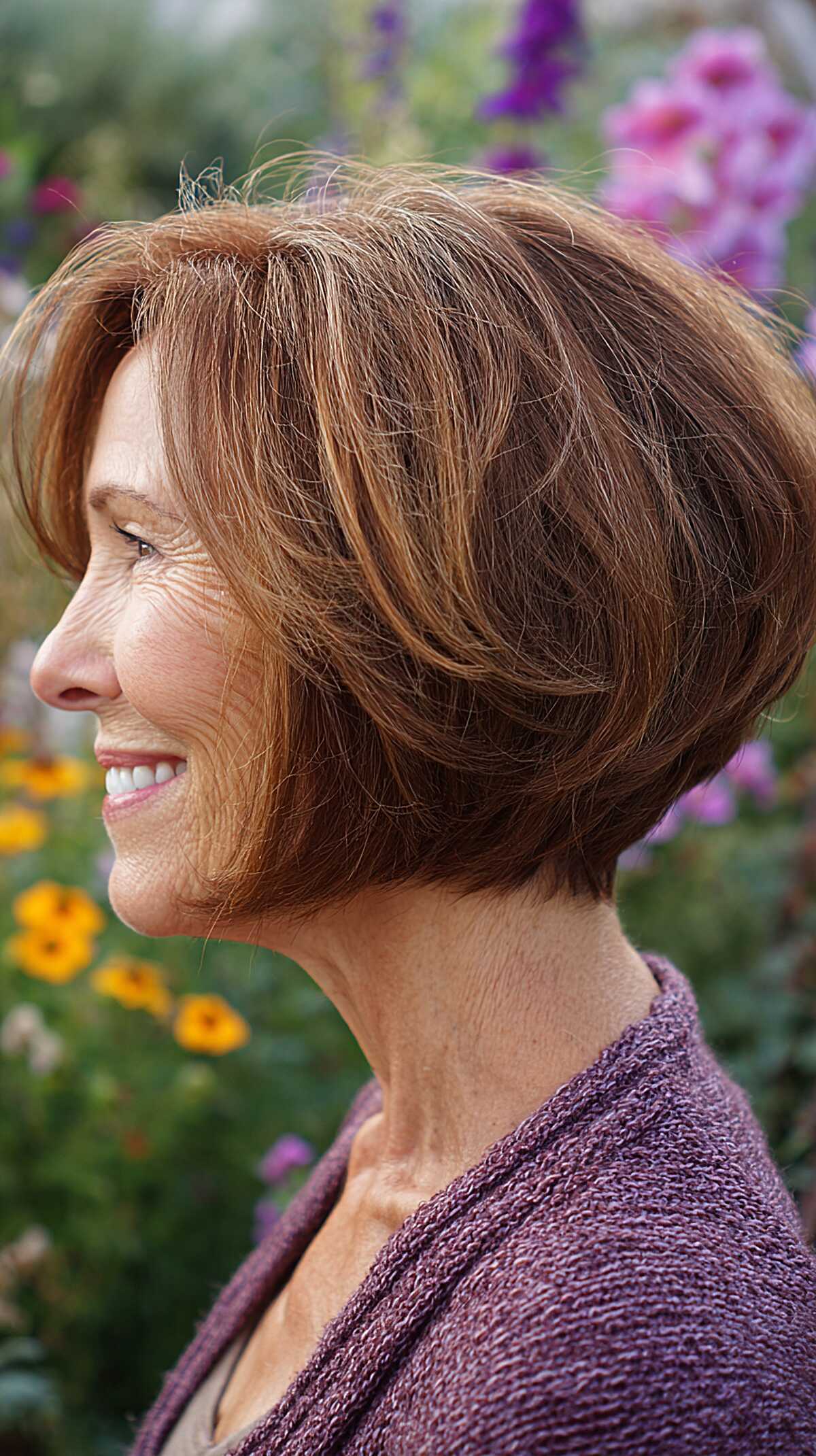 Cinnamon A-line bob with crown volume and layers