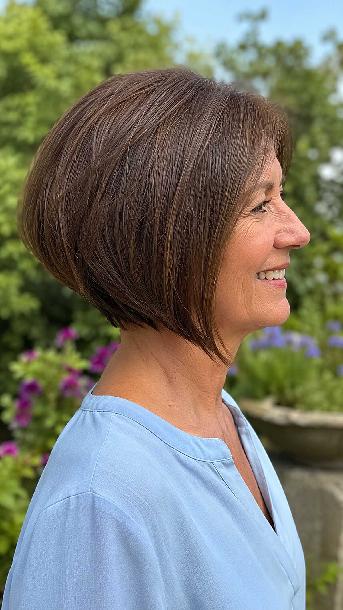 Classic brunette A-line bob with stacked back and volume
