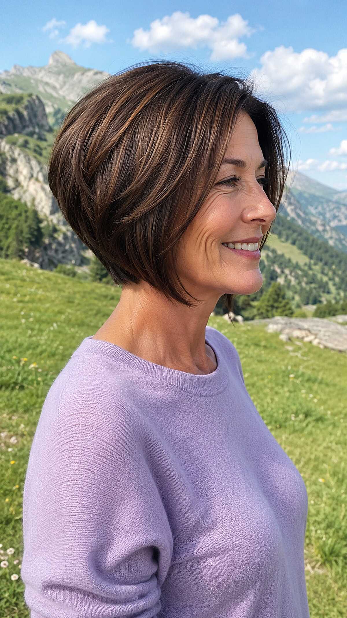 Dark chocolate A-line bob with caramel ribbon highlights