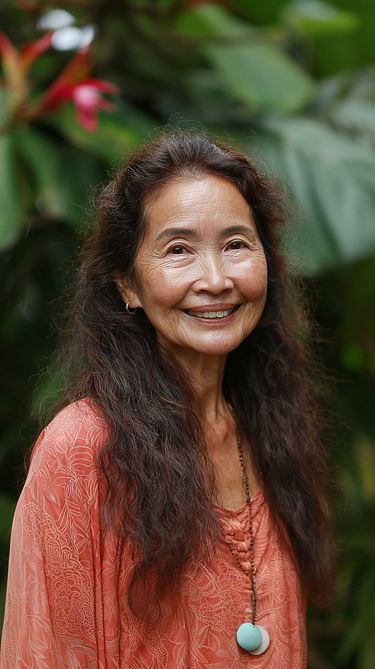 Long dark naturally textured hair on an older woman