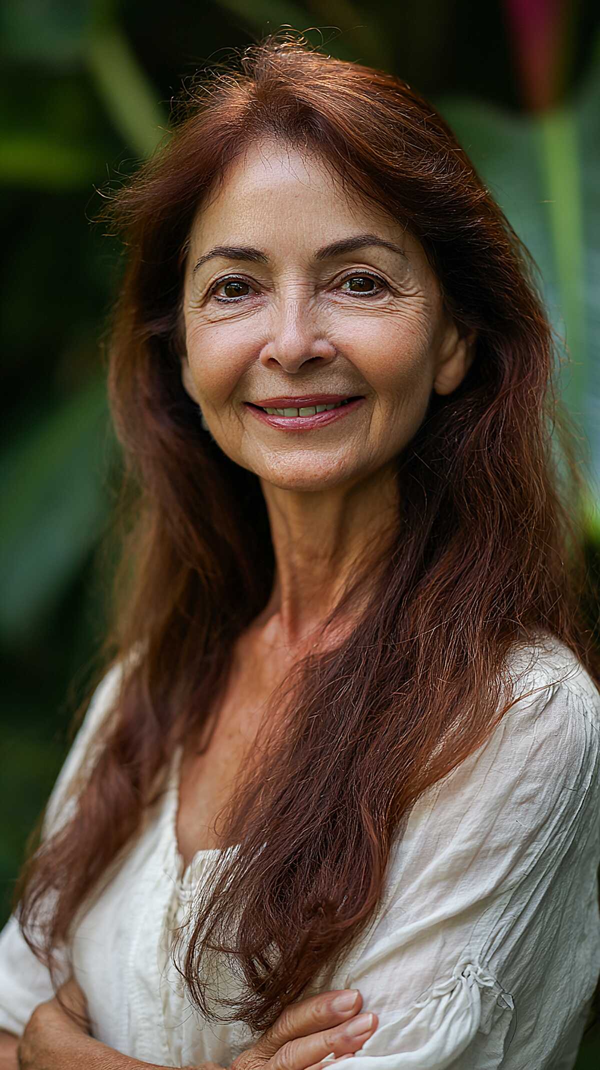 Long deep auburn hair with a natural side part