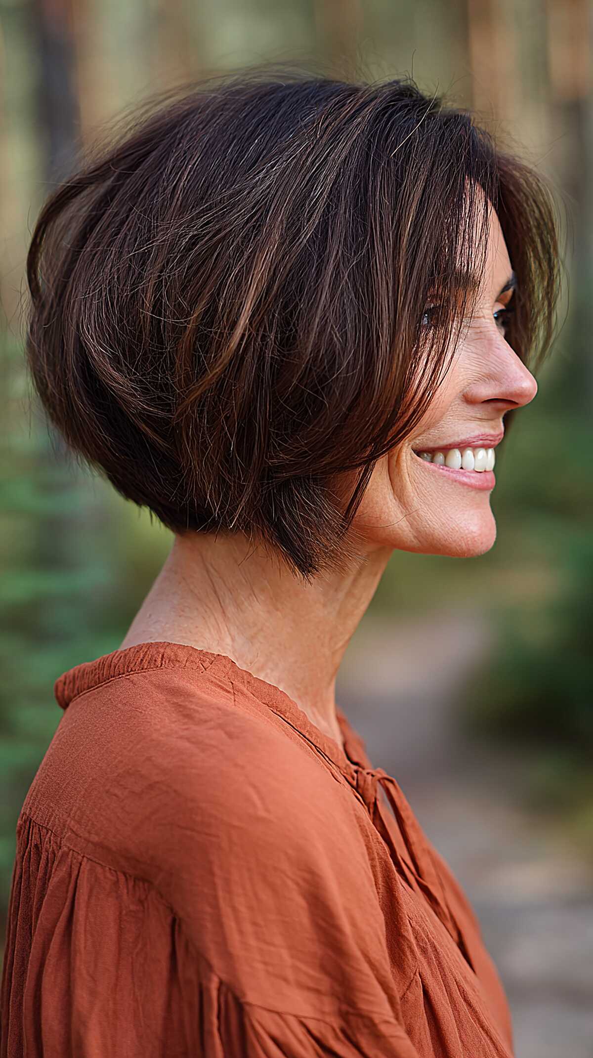 Deep brunette textured A-line bob with razored ends