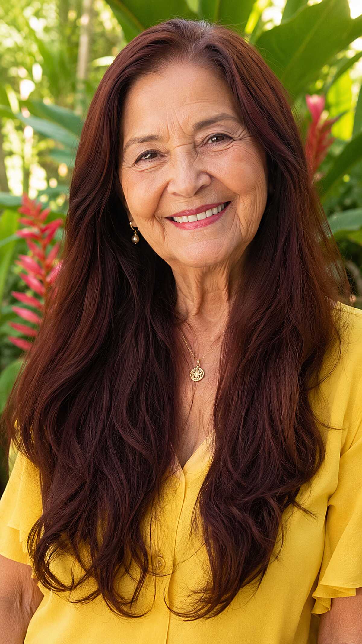Older woman with deep plum-red waist-length hair