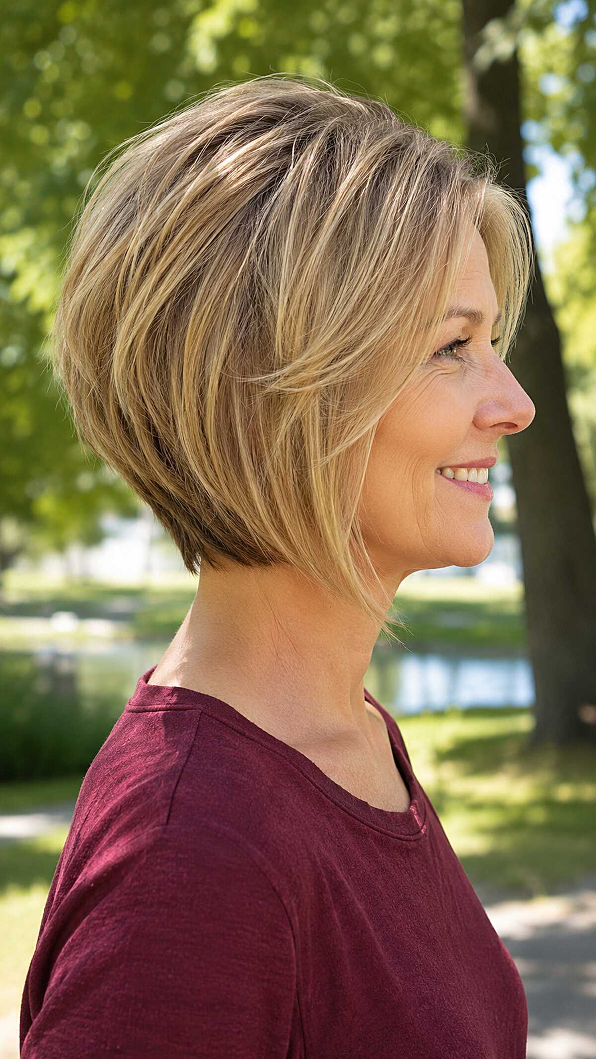 Dimensional bronde A-line bob with piecey layers