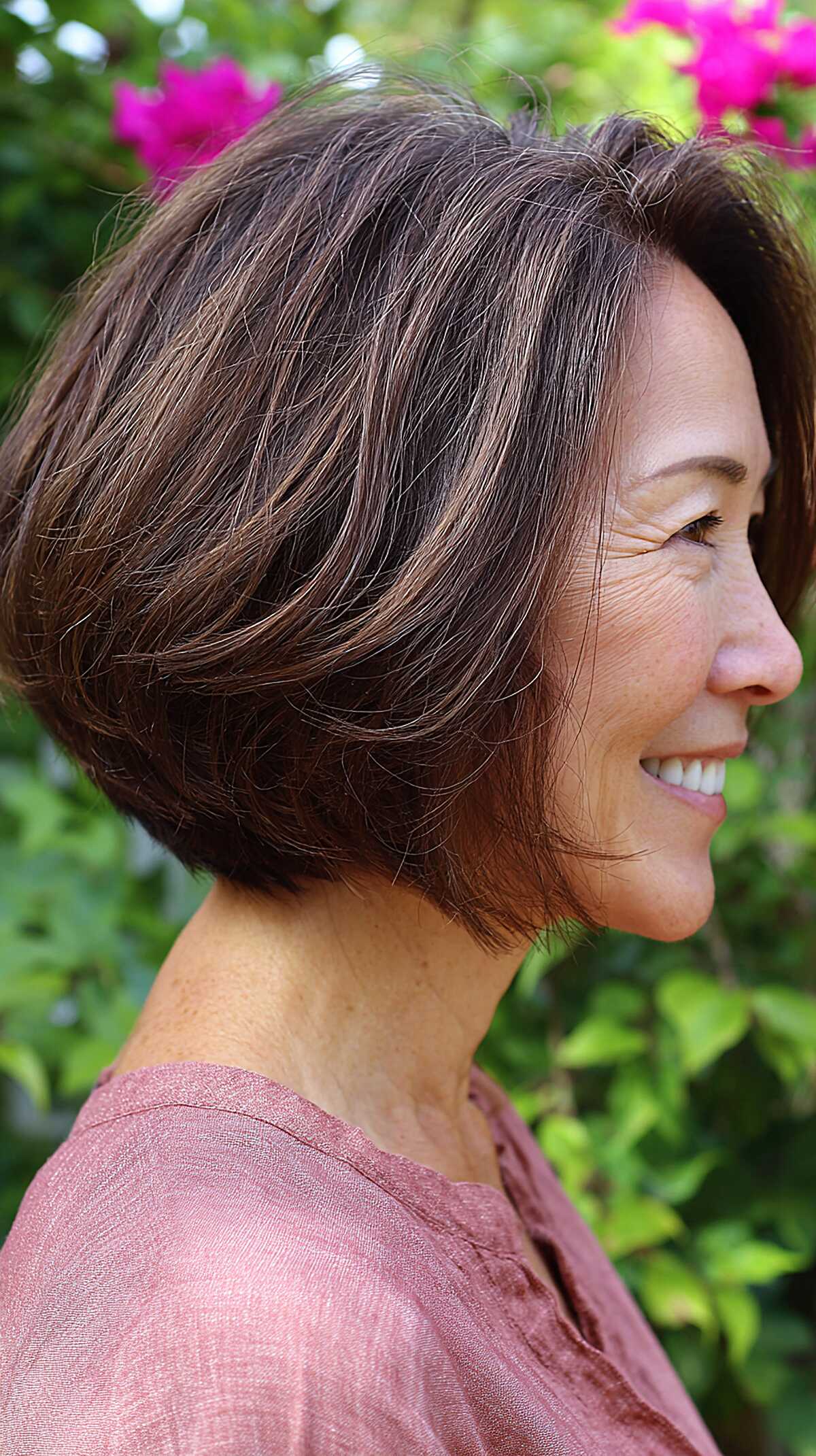 Espresso A-line bob with natural caramel highlights