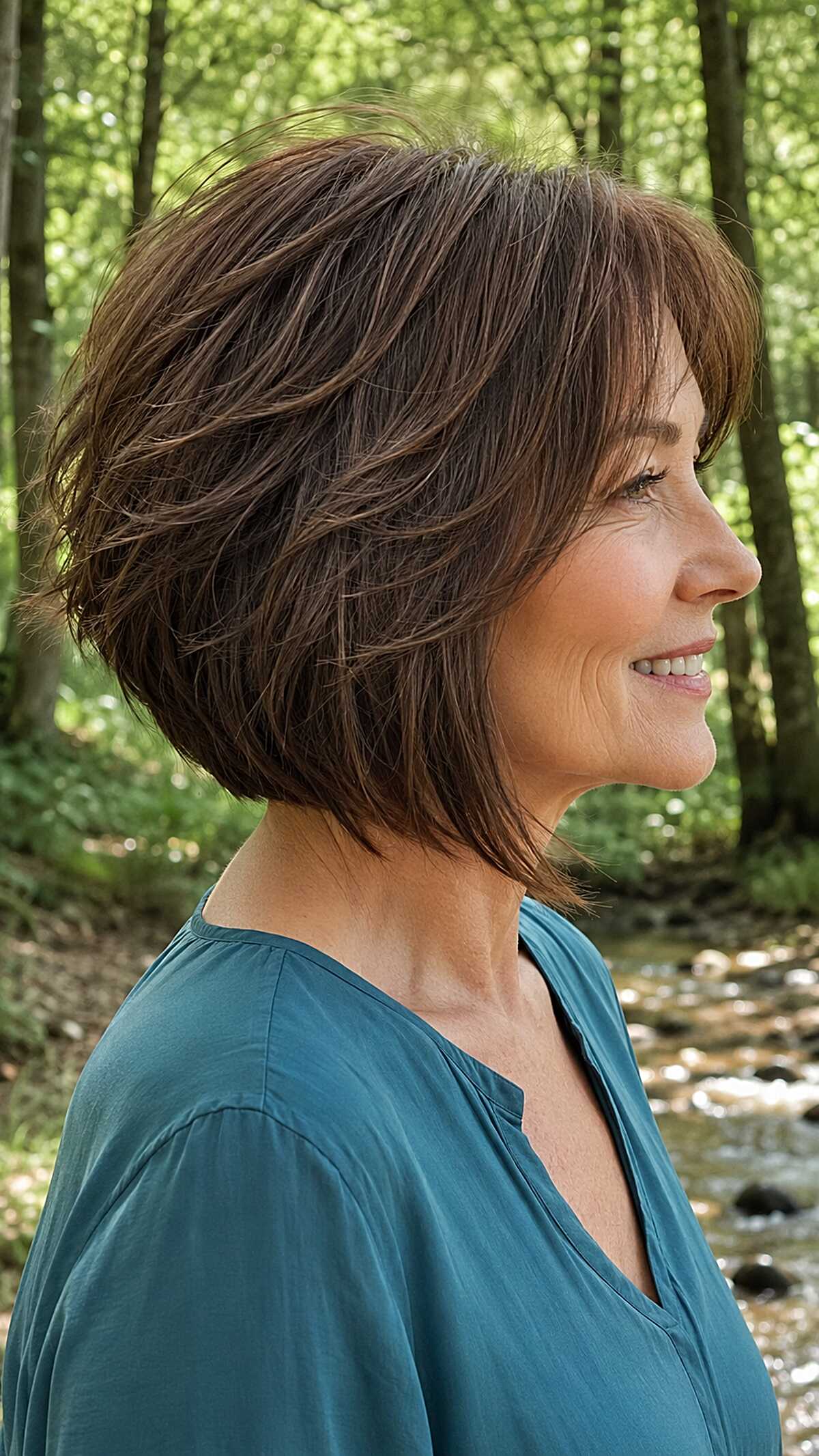 Feathered chestnut A-line bob with layered movement