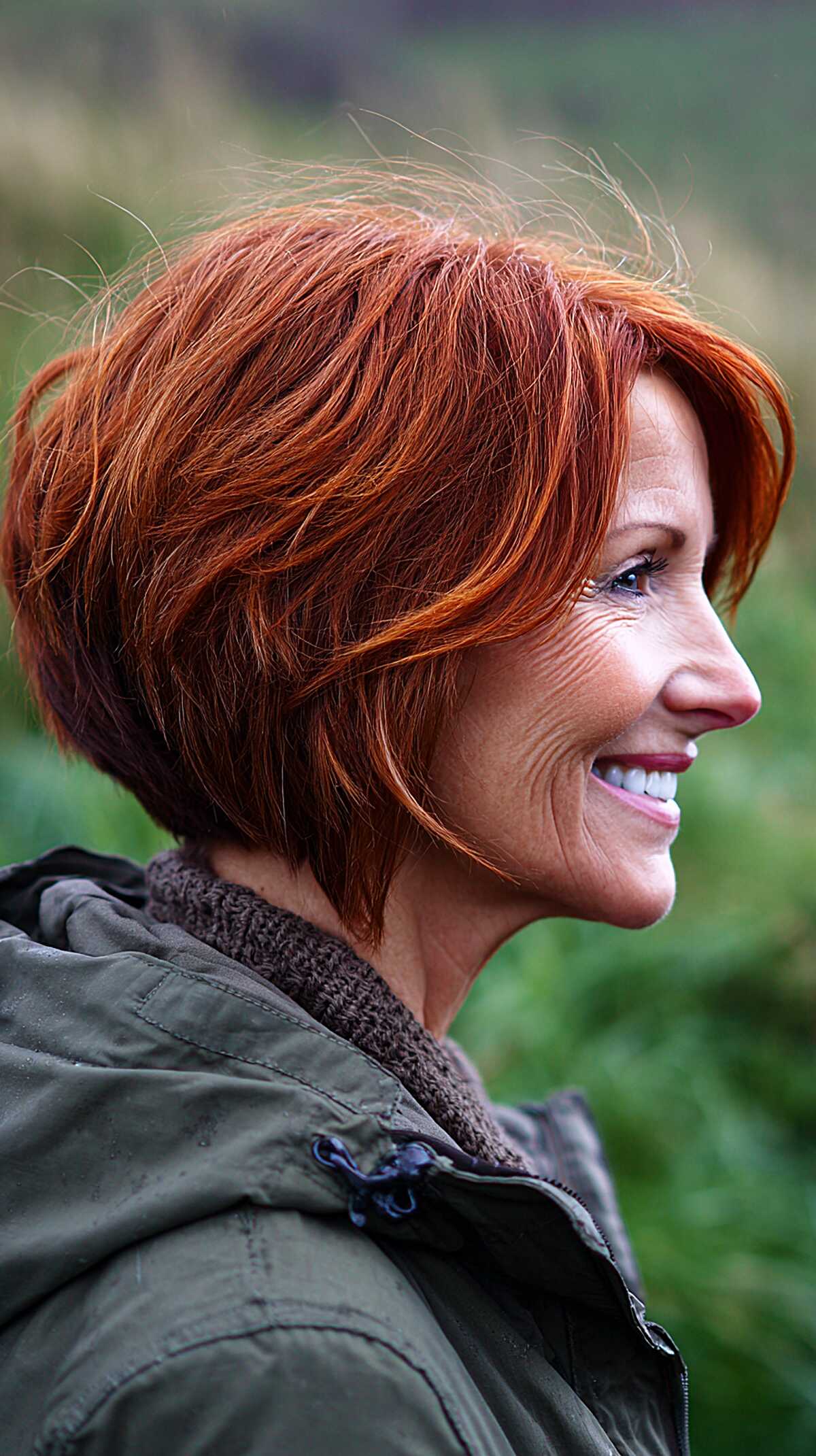 Fiery red windswept A-line bob with layered volume