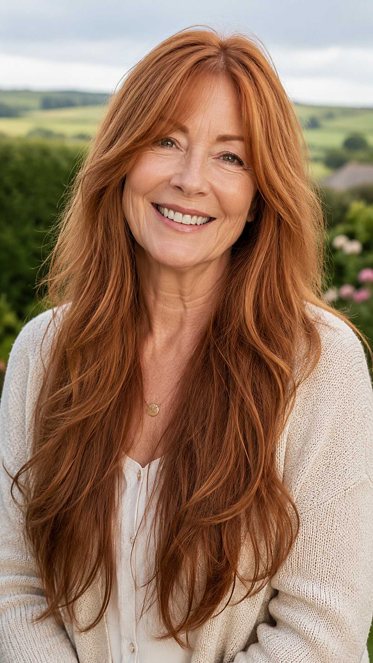 Long auburn layered hair with side-swept curtain bang