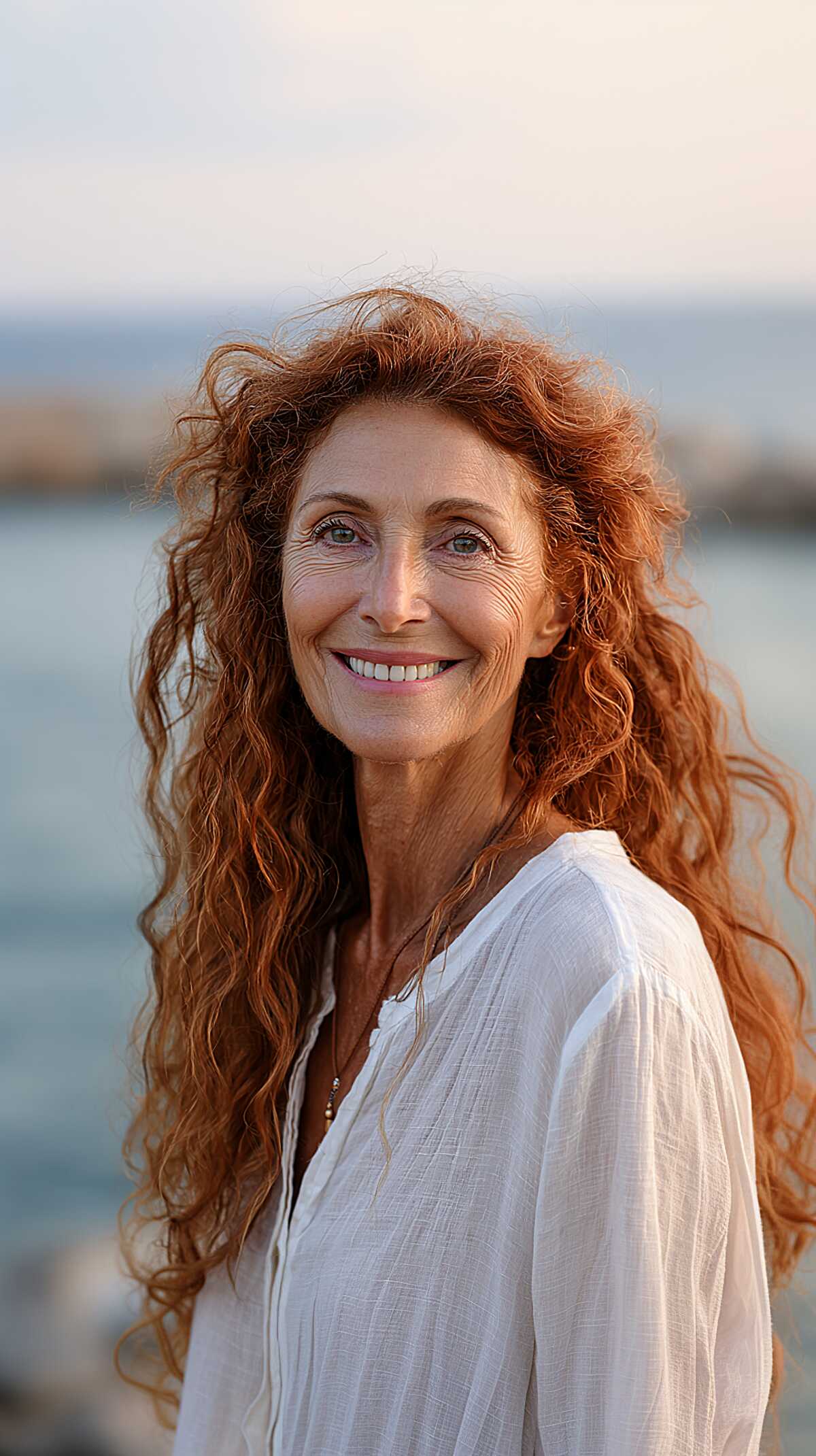 Long curly auburn-red hair by the ocean at sunset