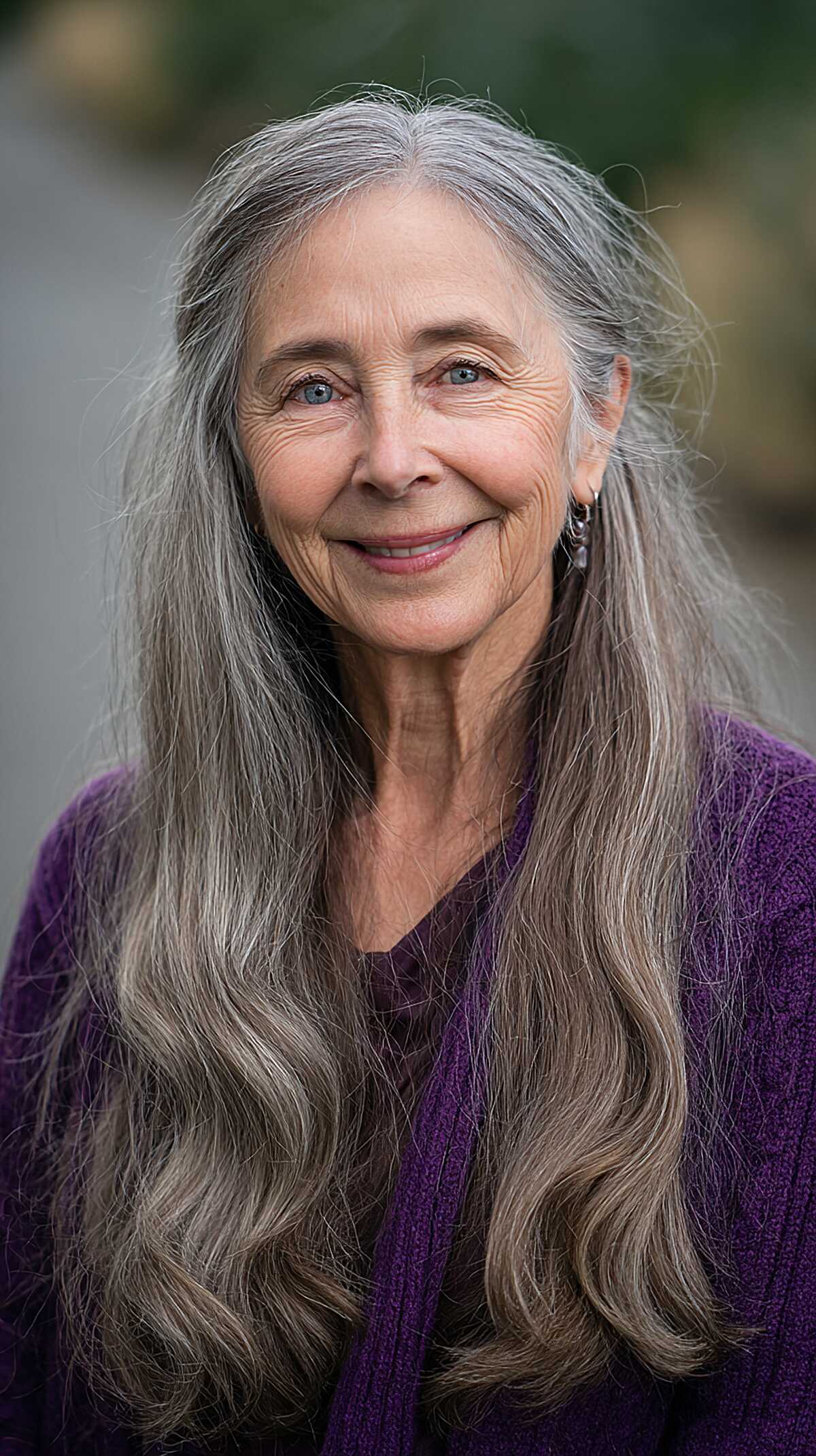 Long natural silver and gray hair past the shoulders