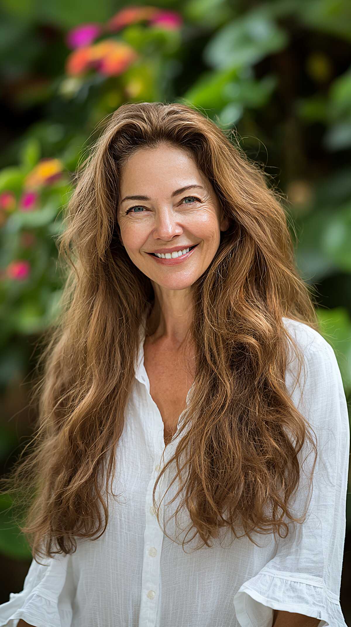 Long wavy brunette hair with natural volume and texture