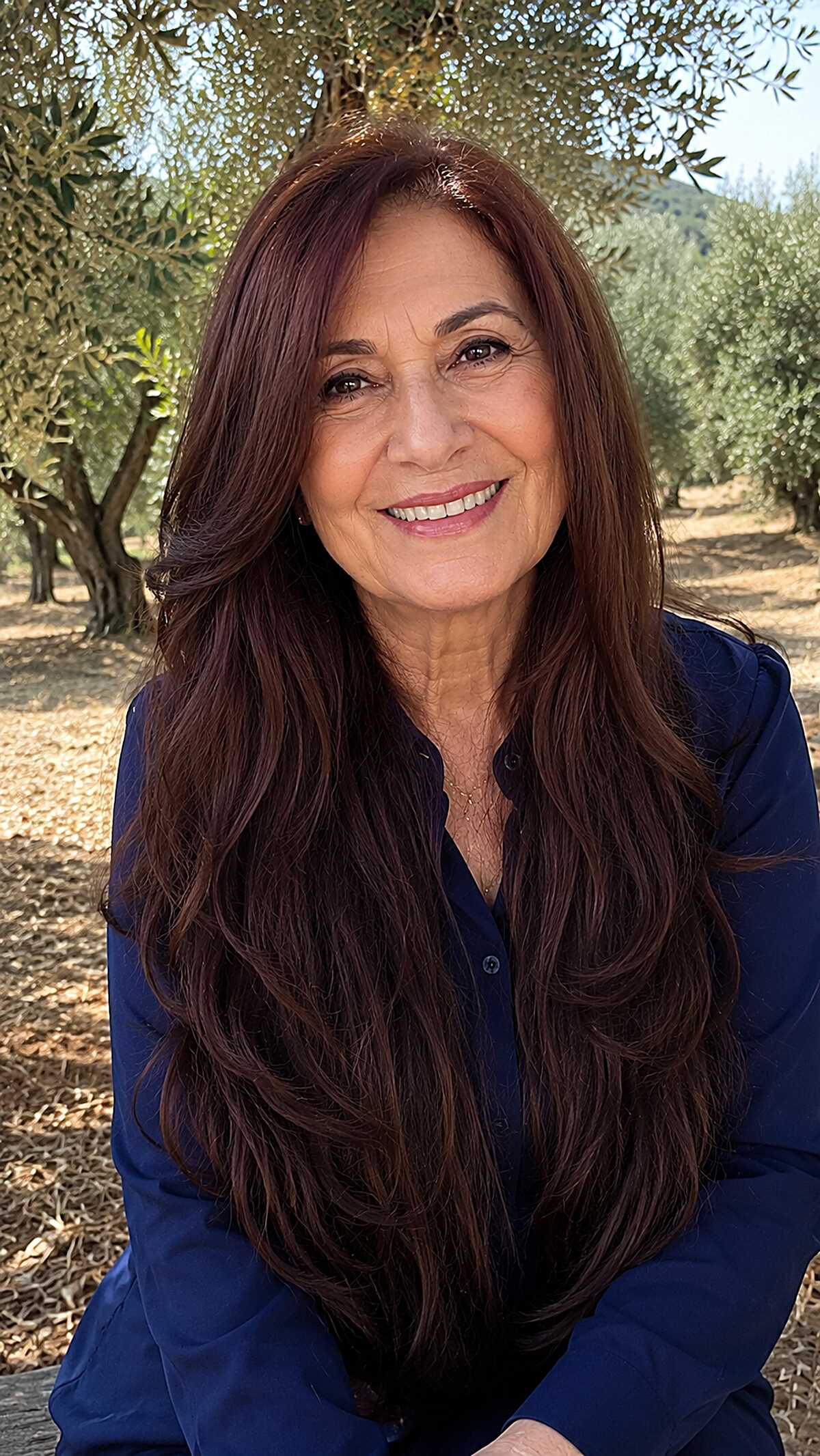 Long dark mahogany wavy hair with subtle layers