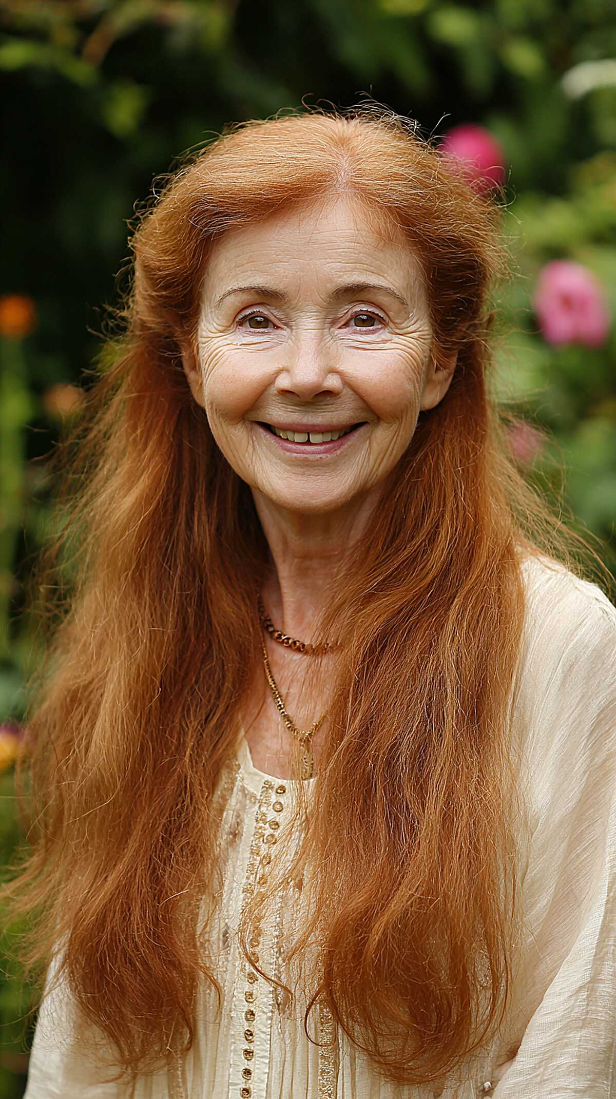 Long natural ginger-red hair on an older woman