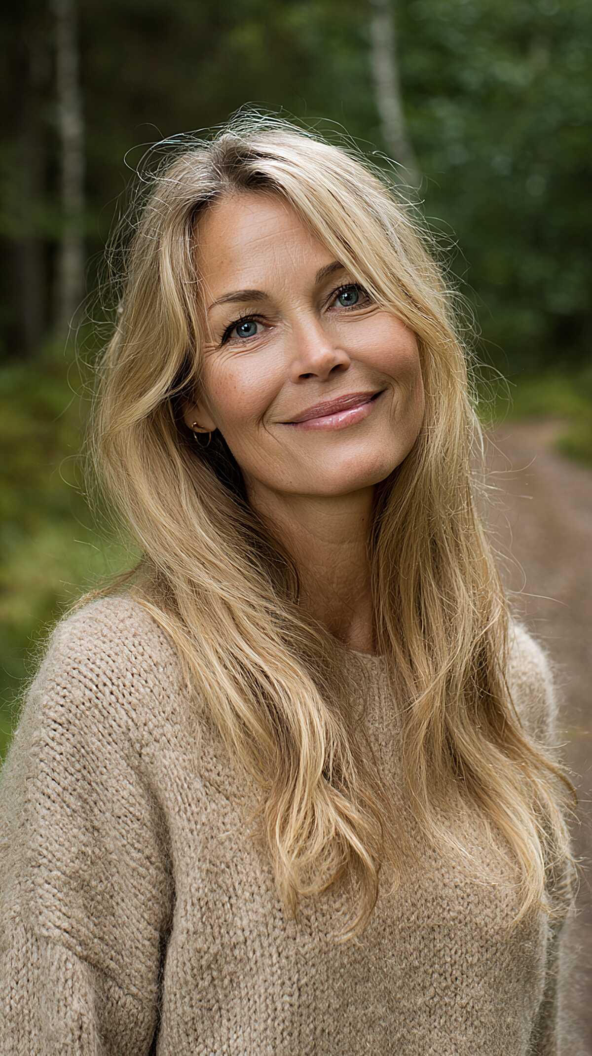 Long natural blonde hair with soft waves, minimal styling