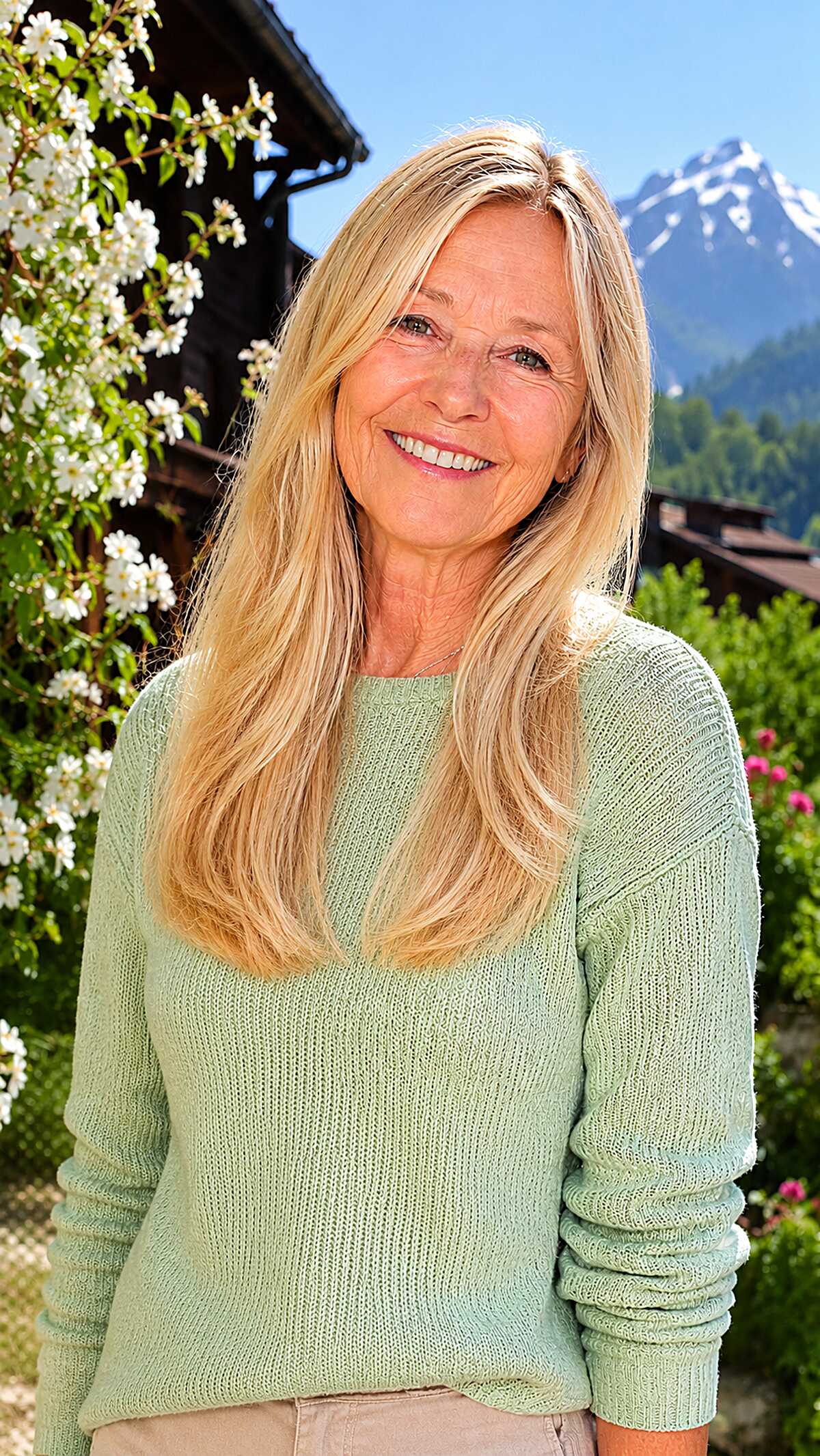 Long polished blonde hair with soft face-framing layers