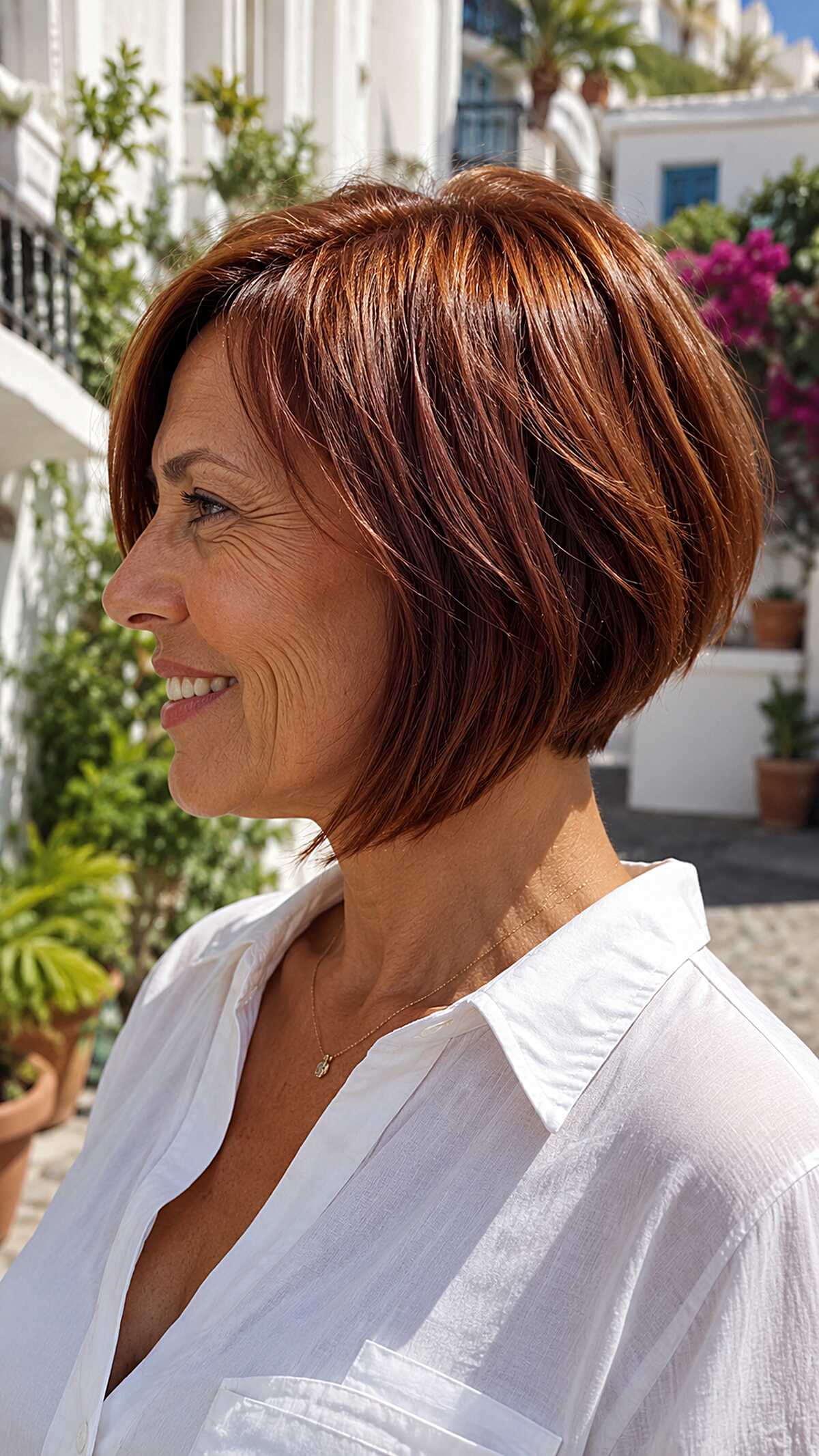 Rich auburn A-line bob with glossy polished finish