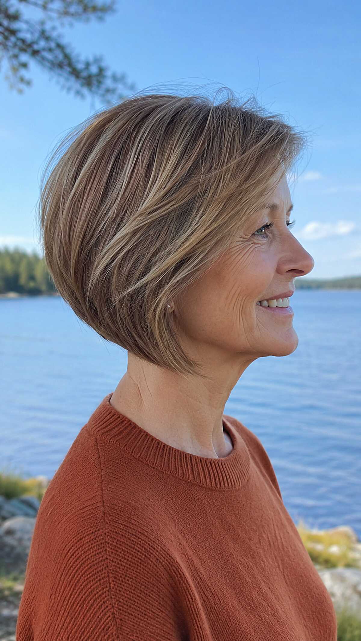 Sandy blonde A-line bob with subtle graduation