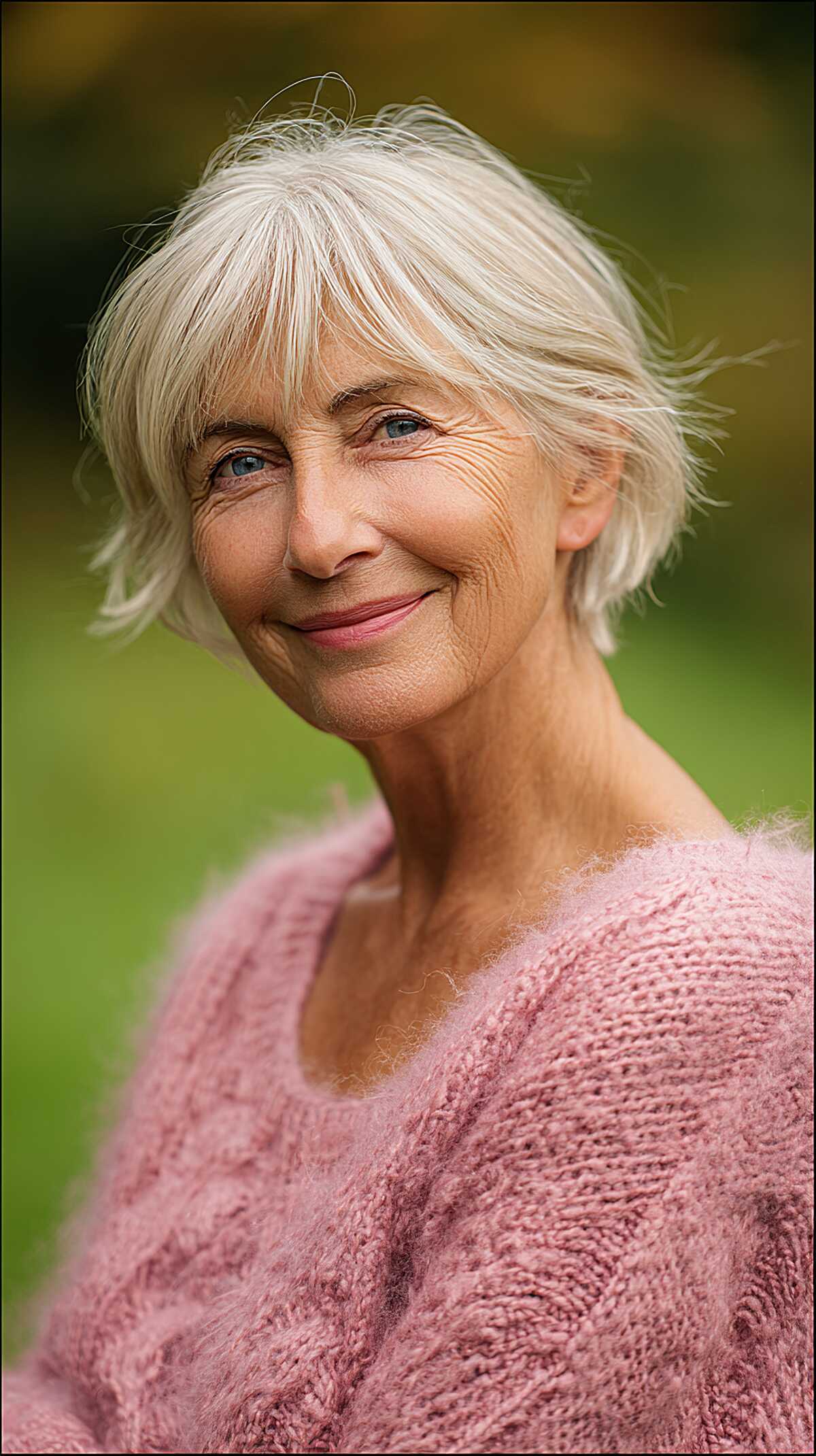 Silvery white razored bob with wispy soft bangs