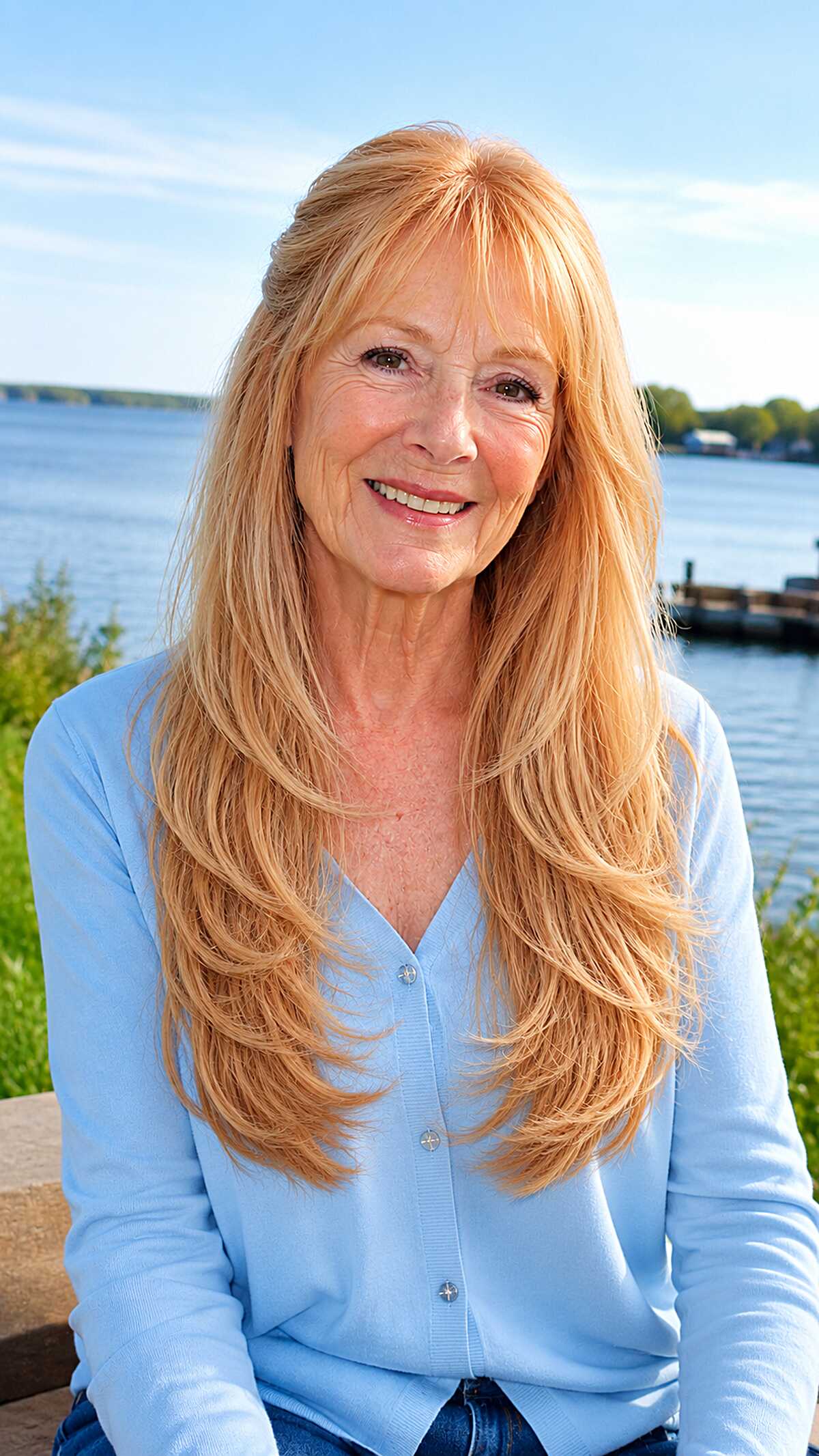 Long strawberry blonde hair with layers and curtain bangs