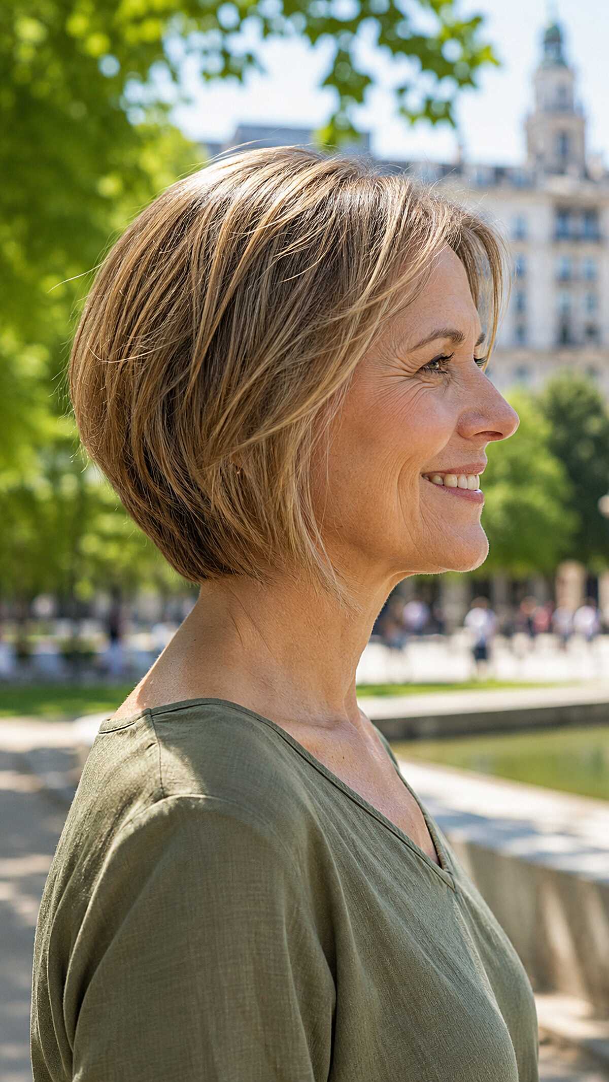Sun-kissed bronde A-line bob with tapered nape