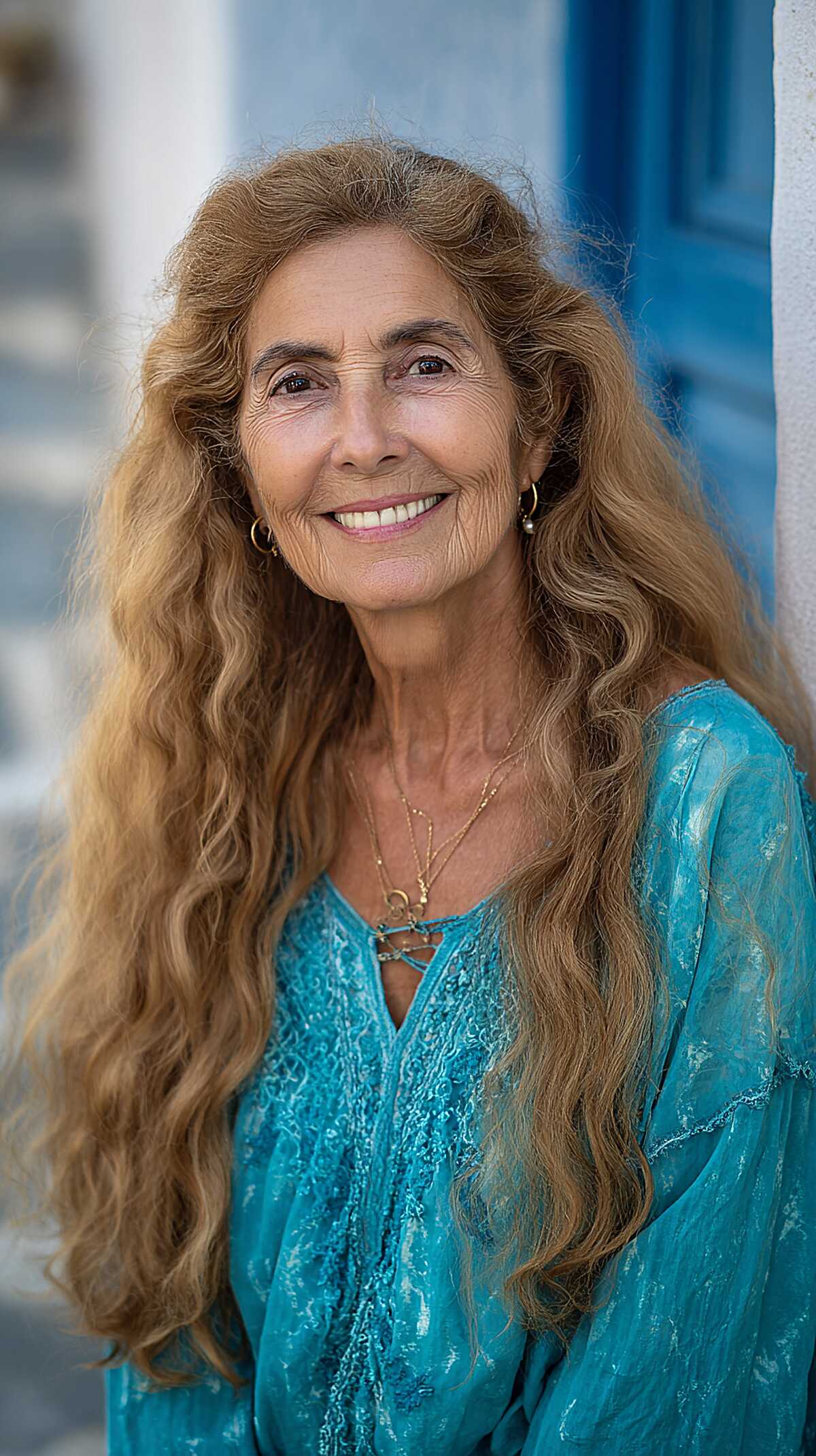Long wavy golden-blonde hair on an older woman