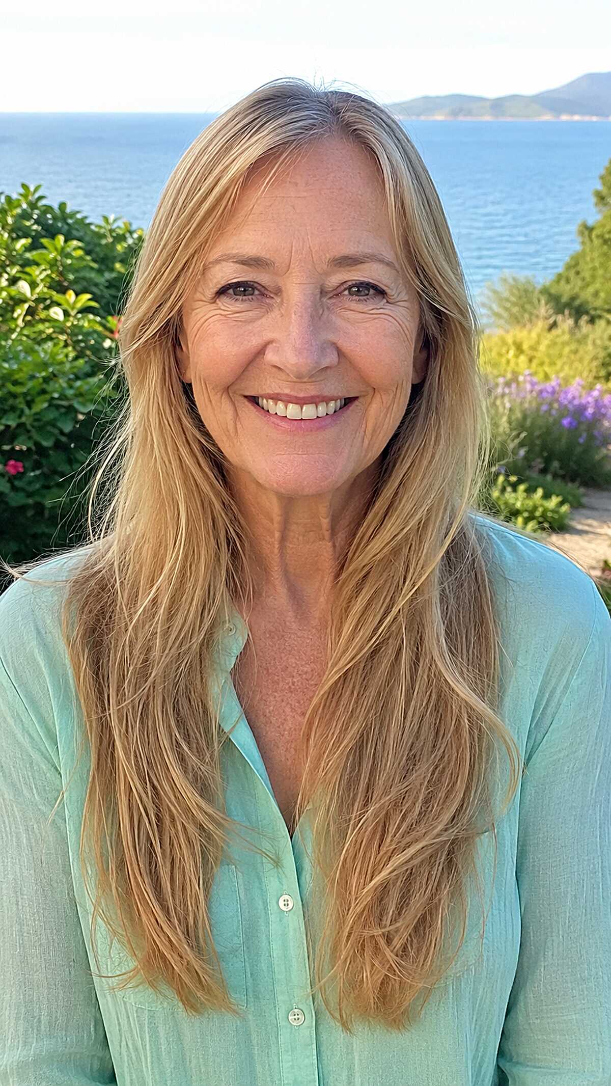Long sun-warmed blonde hair with a soft center part