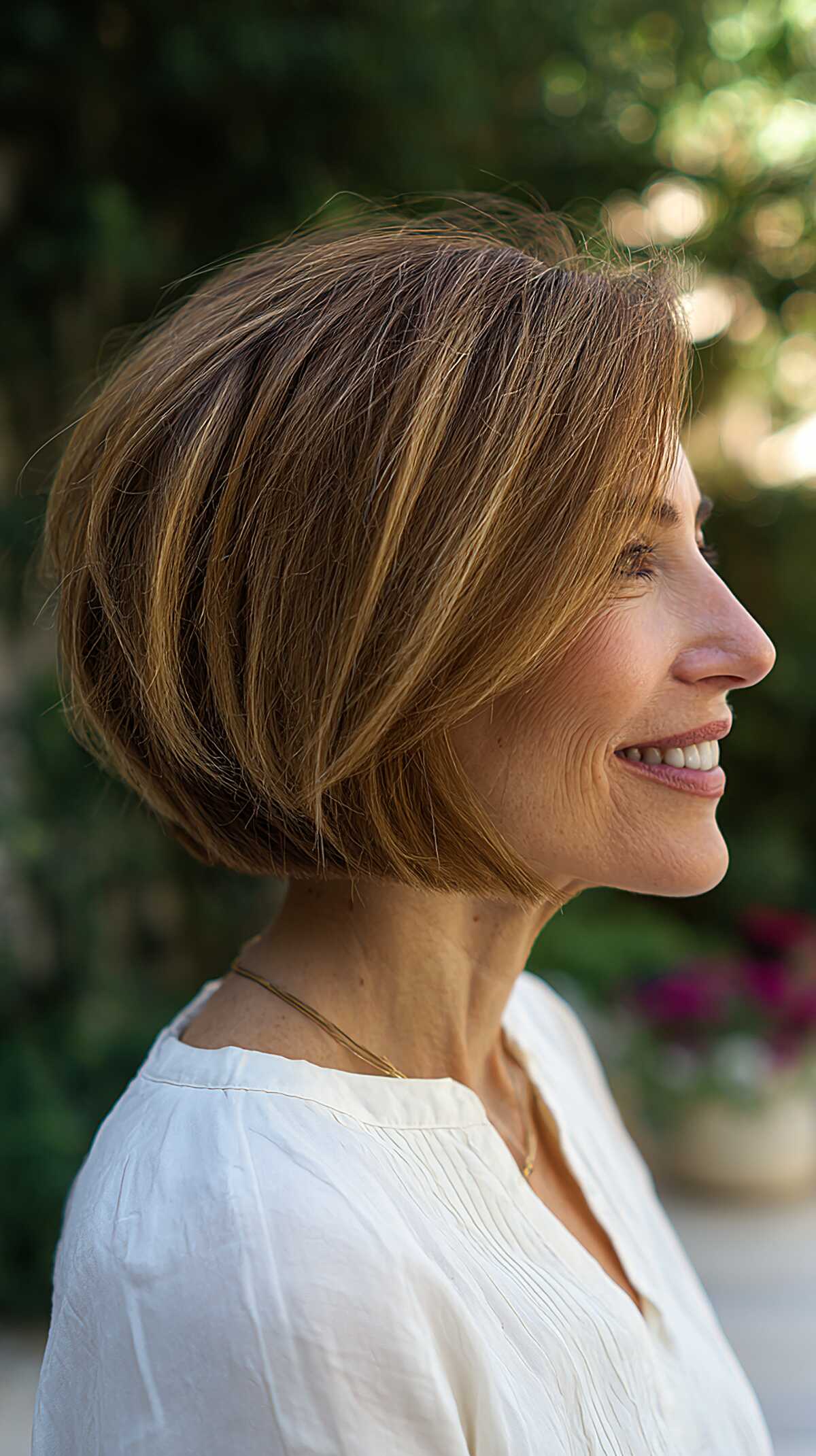 Toffee-highlighted A-line bob with rounded back shape