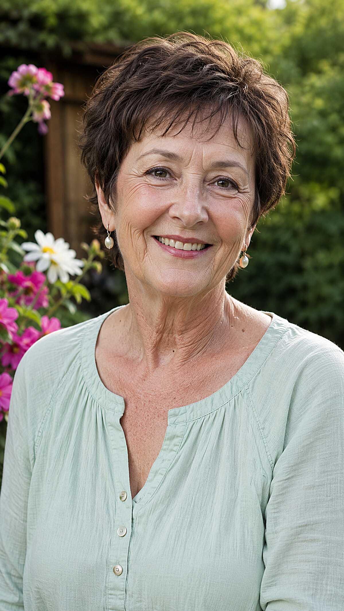 Tousled dark brunette textured pixie with layers
