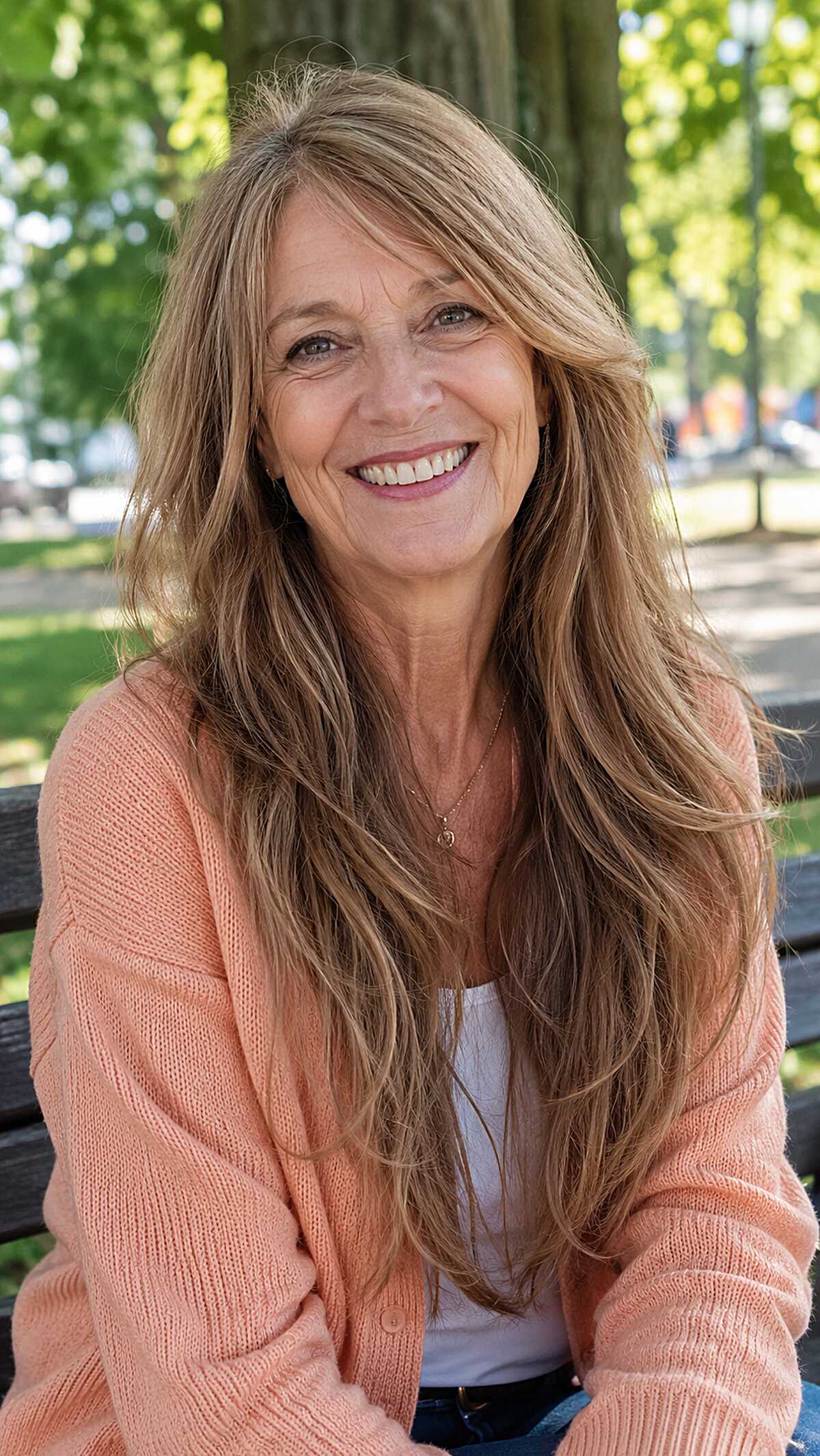 Long warm blonde hair with soft layers and side part