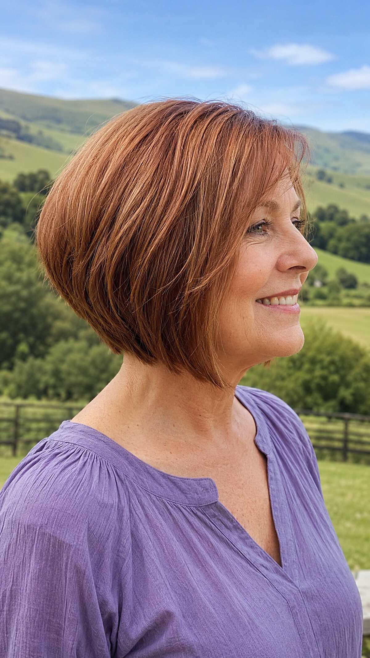Warm copper A-line bob with soft side-swept fringe