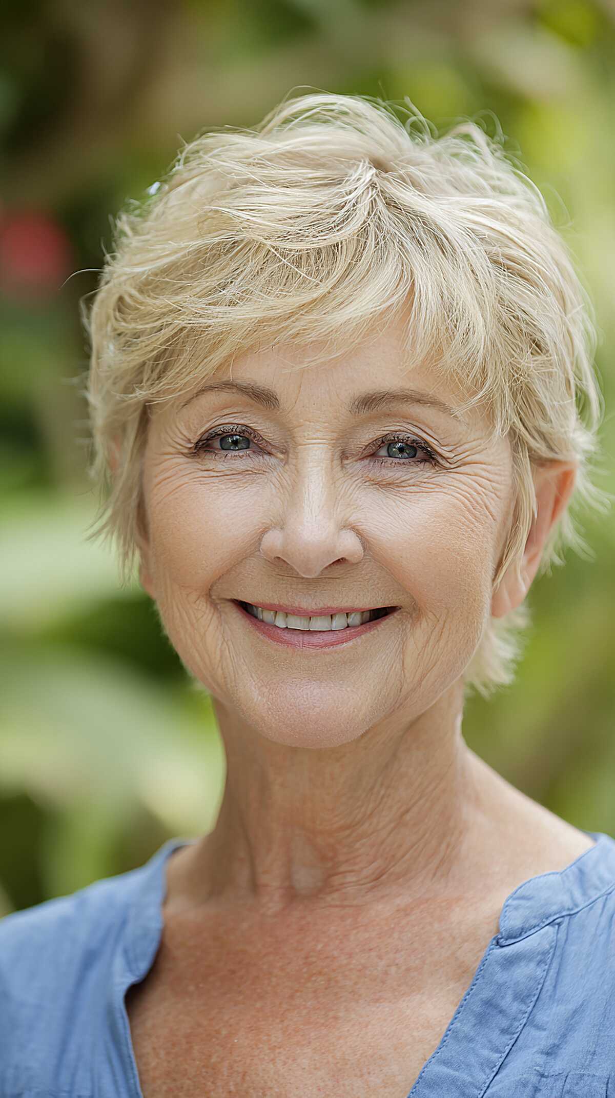 Windswept light blonde pixie with razor texture