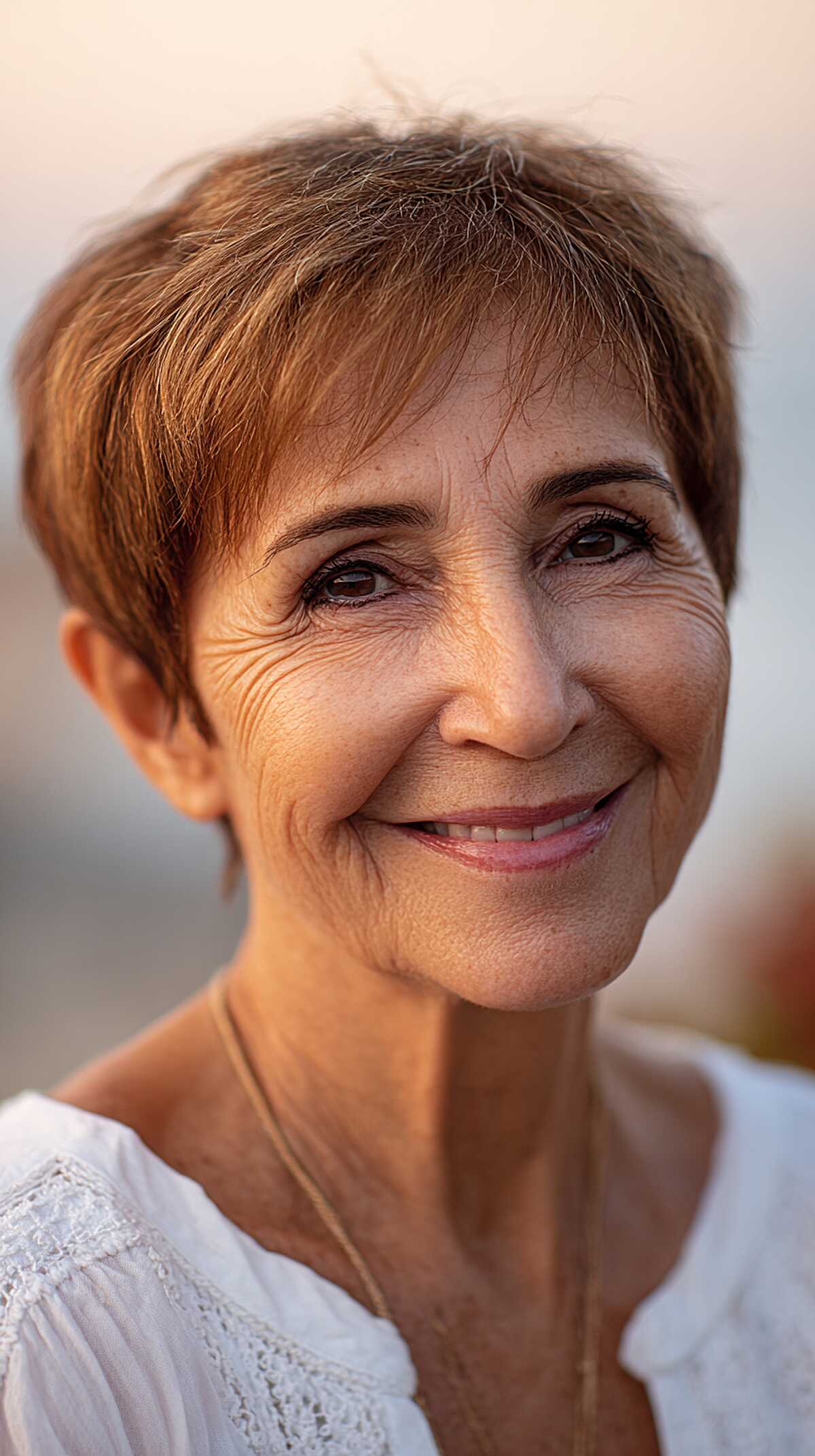 Wispy light brunette pixie with tapered sides