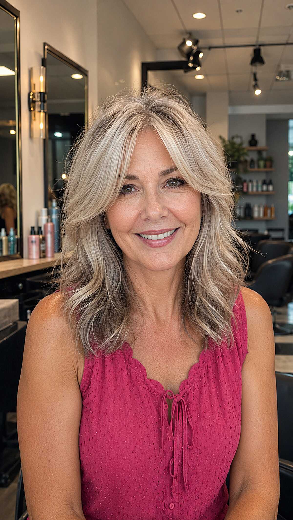 Ash Blonde Layered Shag with Natural Root Shadow