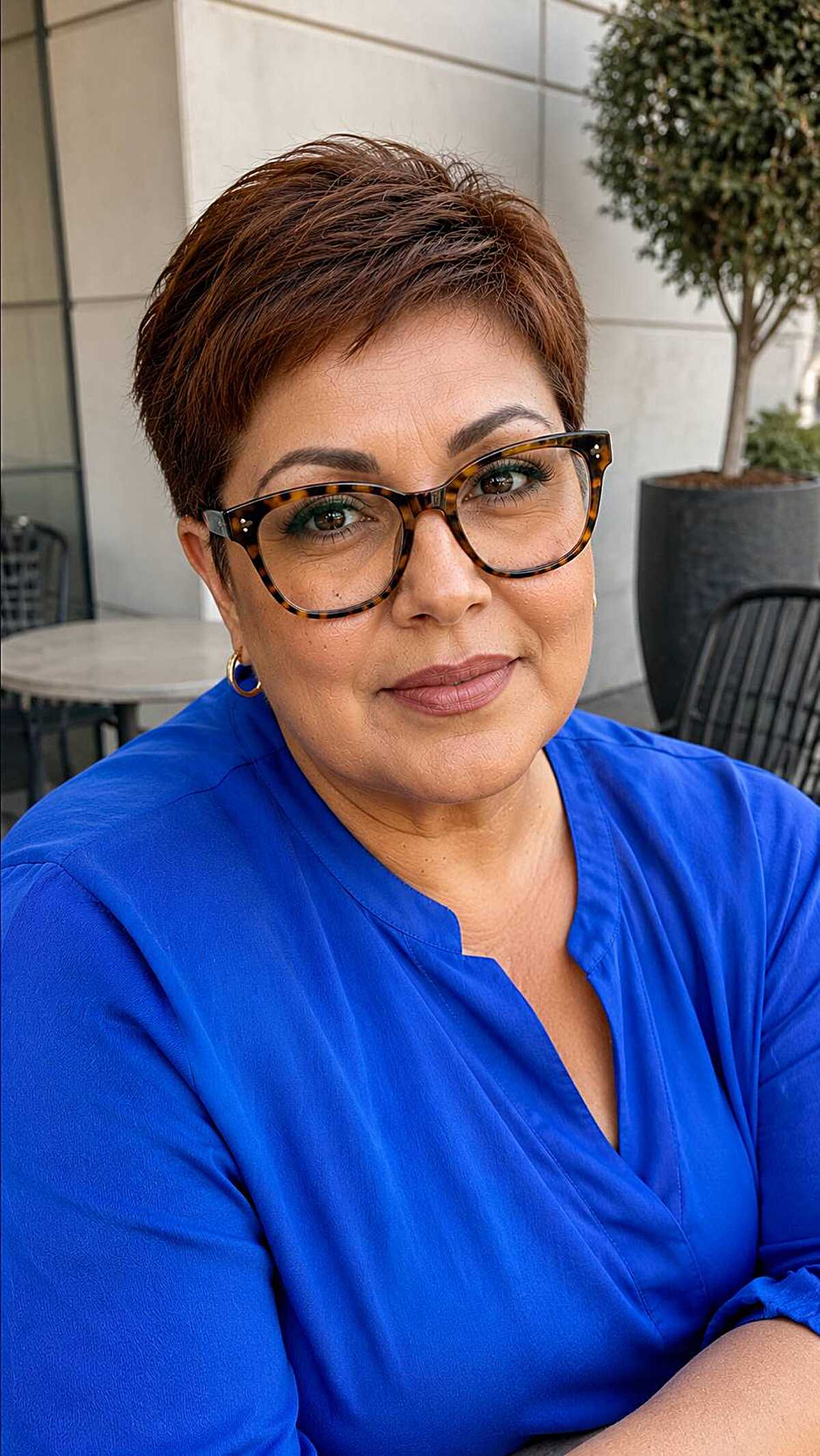 Auburn close-cropped pixie with tortoiseshell cat-eyes