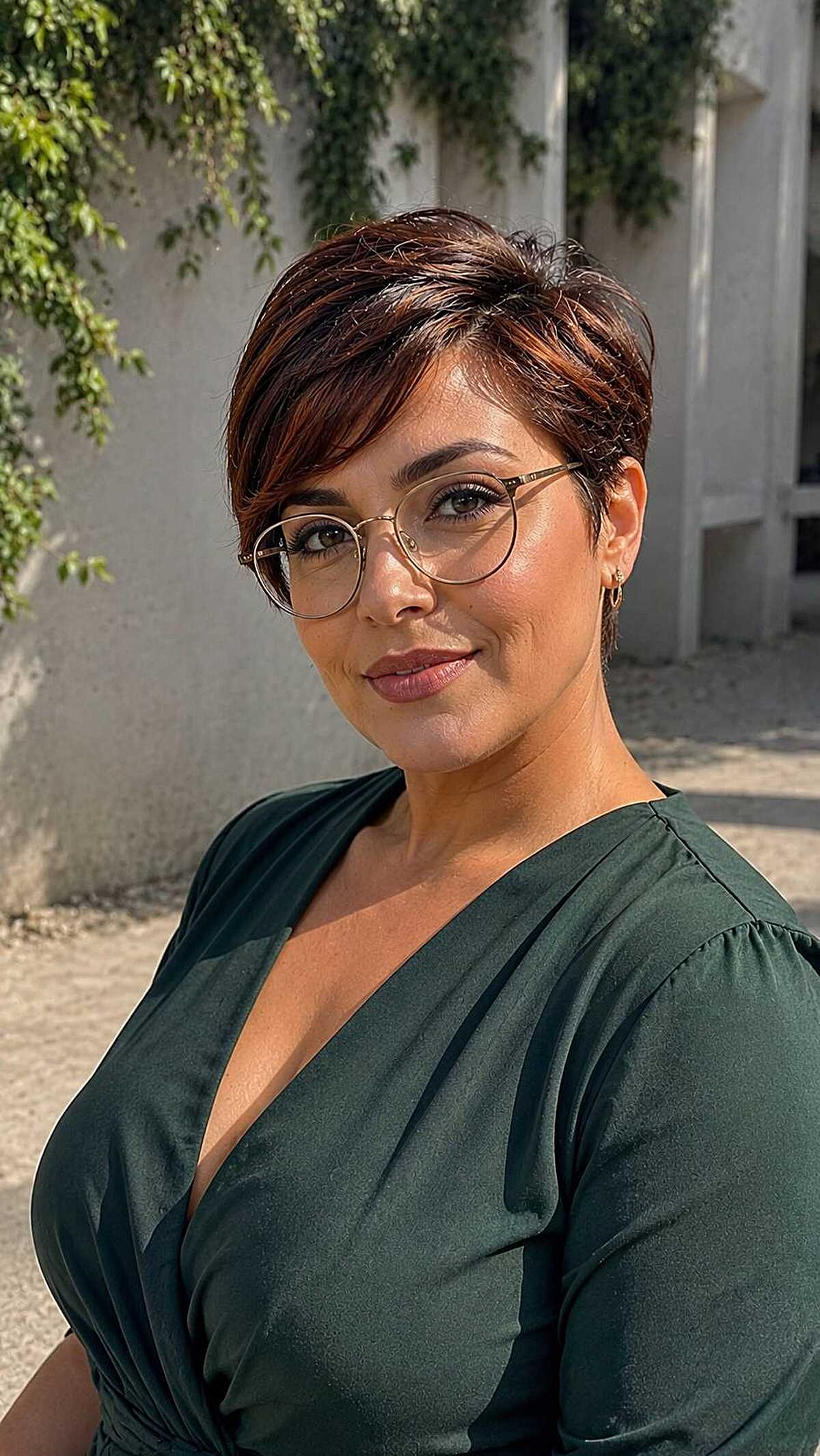 Auburn side-swept pixie with thin gold wire glasses