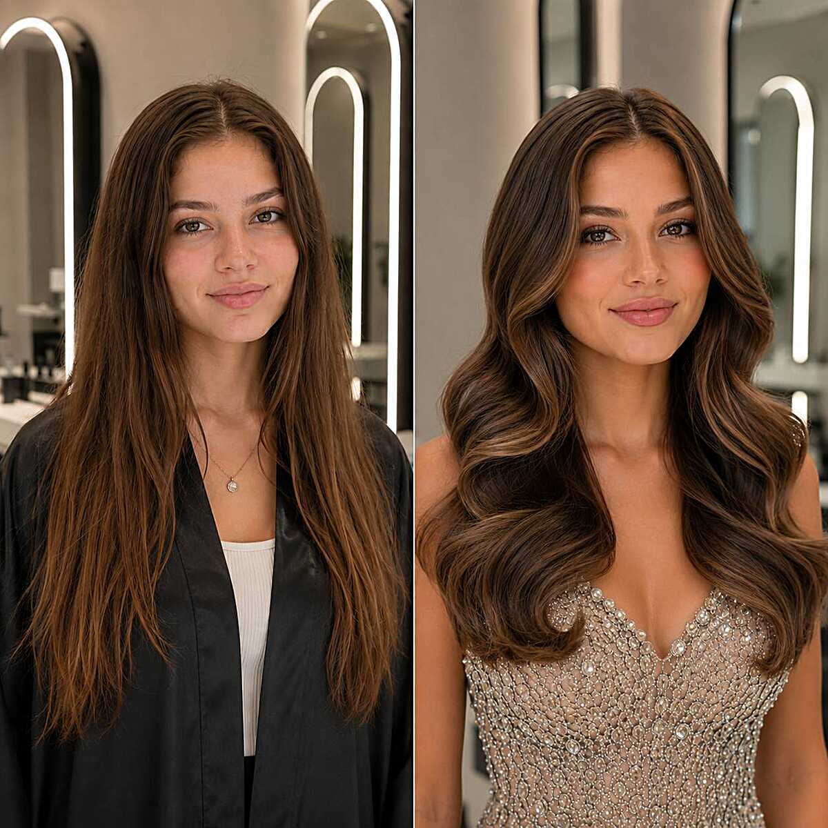 Before and after brunette blowout with voluminous waves