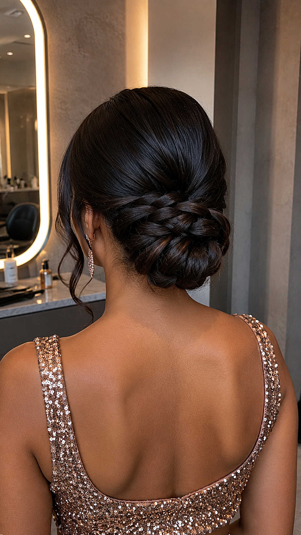 Dark hair braided low bun with gold sequin dress