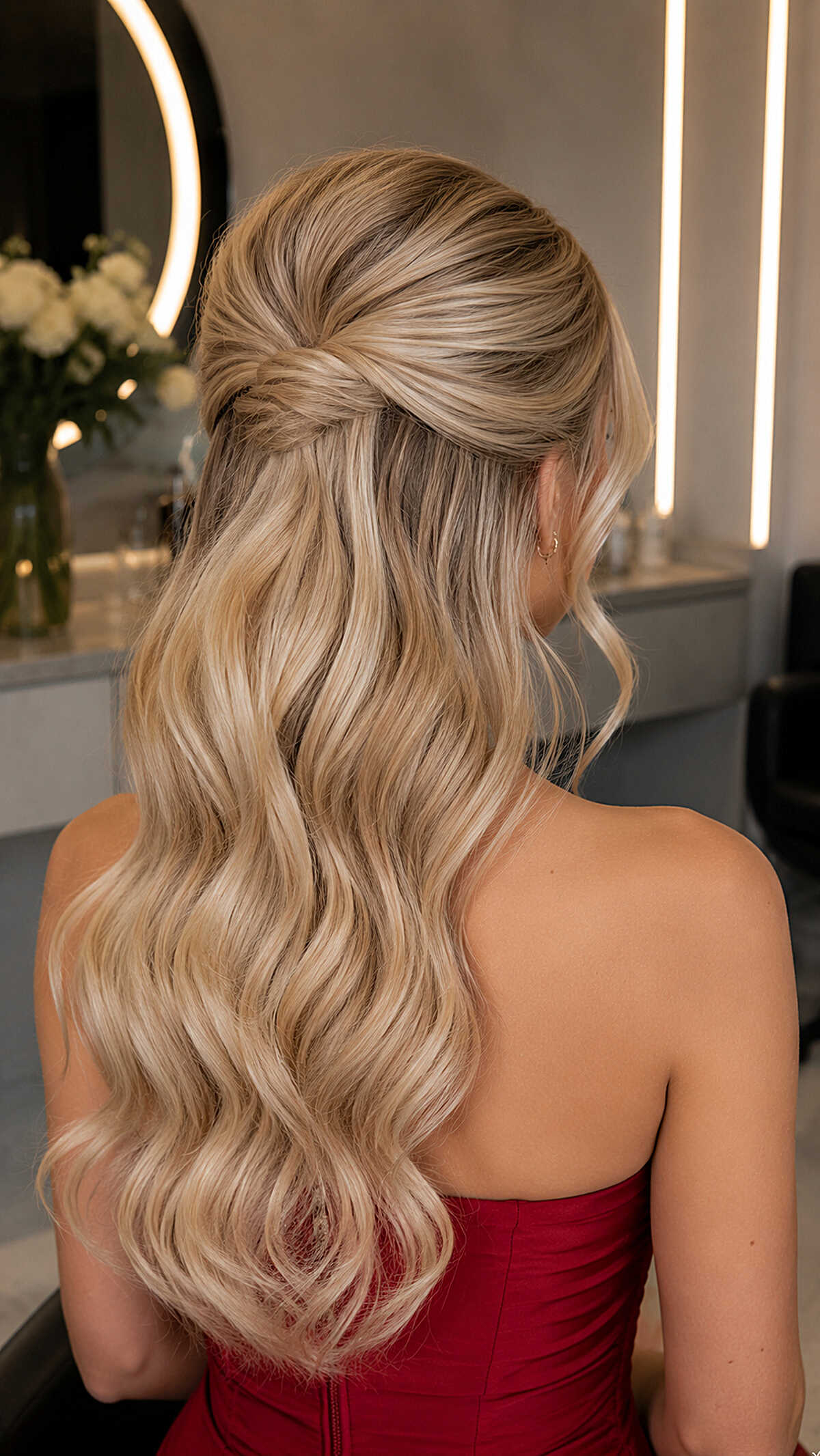 Blonde half-up half-down with soft waves and red dress