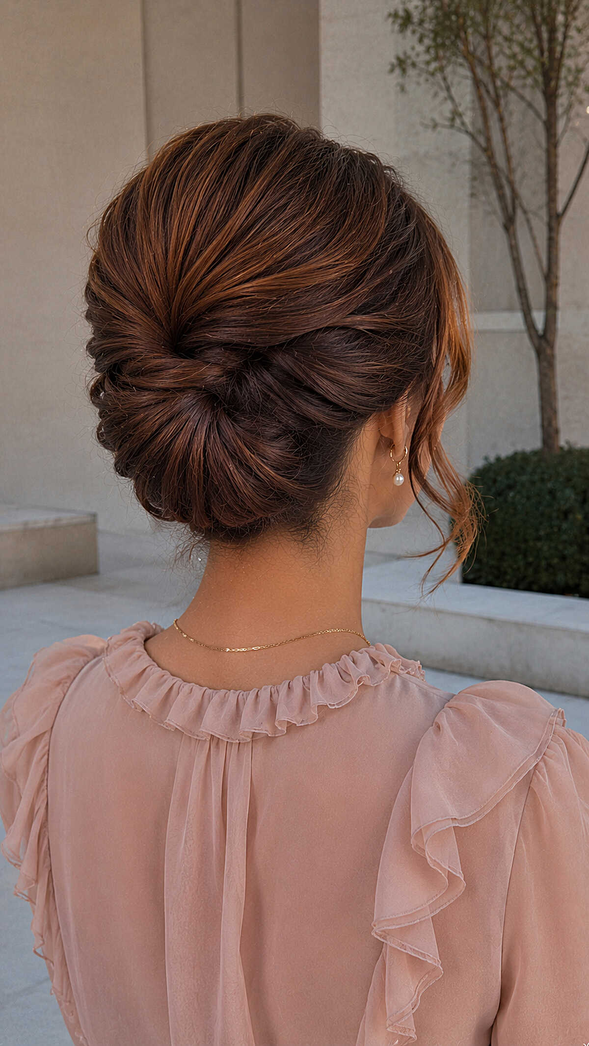Voluminous auburn chignon updo with blush ruffled top